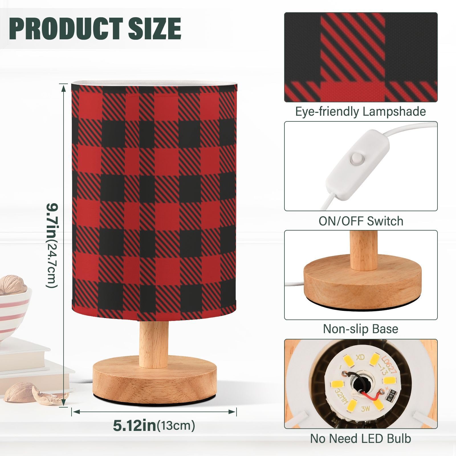 Domiking Black Red Buffalo Plaid Check Bedside Table Lamp For Bedroom Fabric Linen Lampshade Nightstand Lamp Desk Light Lamps For Home Dorm Office 5.12X9.7In