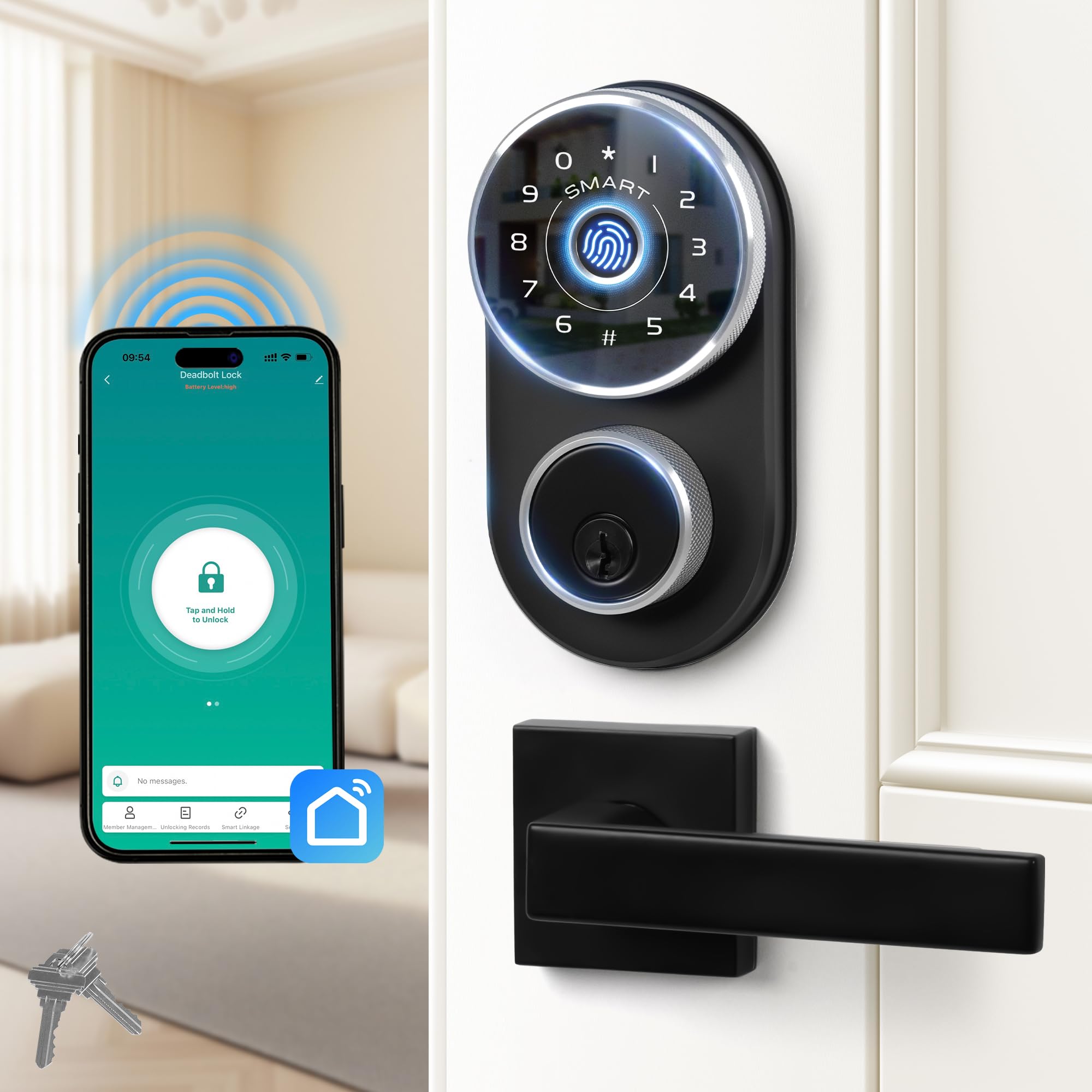 Cobuy Keyless Entry Door Lock With Handle,Digital Smart Door Deadbolt With Keypad Code,Fingerprint With App Control,Easy Installation, Auto Lock,Anti-Peeping Password