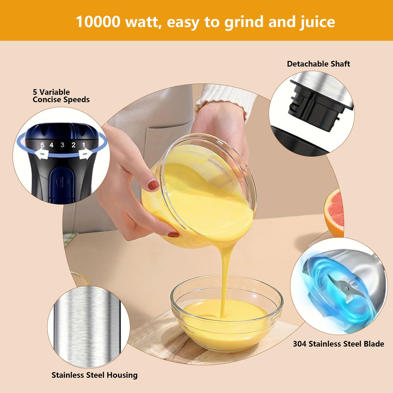 Aizyr Electric Immersion Hand Blender Portable Stick Mixer 5 Mixing Speed, Meat Grinder With Stainless Steel Blades Meat, Vegetable, Fruit, Baby Food