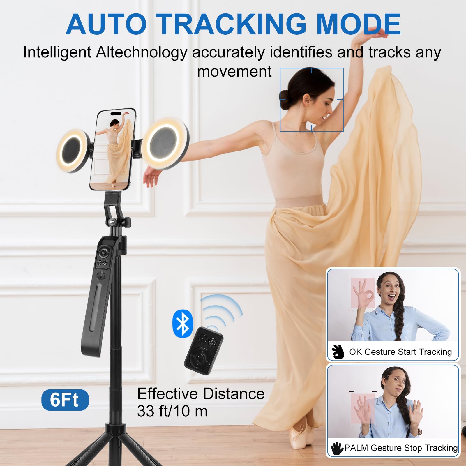 Bizisofon 70.9" Auto Face Tracking Tripod 360° Rotation With Stand & Light, Phone Camera Holder Stand With Remote & Gesture Control, Extendable Selfie Stick For Gopro/Travel/Vlog/Video/Tiktok/Live Streaming