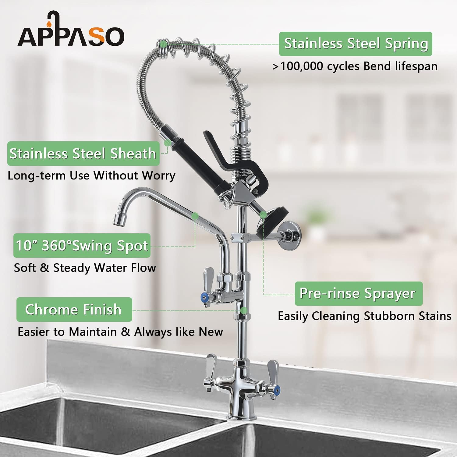 Appaso Commercial Faucet With Pre-Rinse Sprayer, 25'' Height Deck Mount Single Hole Polished Chrome Pull Down Compartment Sink Faucet With 10'' Swivel Spout For Restaurant Industrial 294Cp