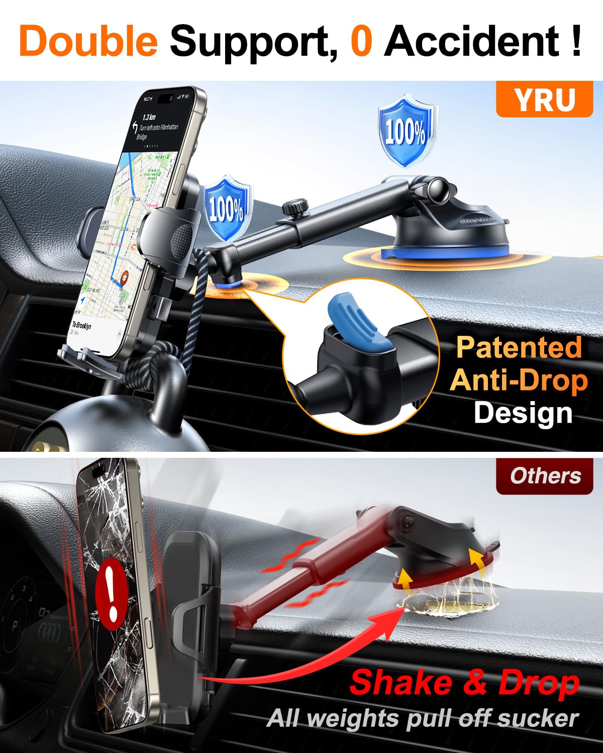 Yru ใ Military-GradeใPhone Holders For Your Carใ 90+Lbs Strongest Suction & ClipใCell Phone Mount Dashboard Windshield Vent Truck Automobile Cradle For Iphone 16 Pro Max 15 14 13 Android,Black