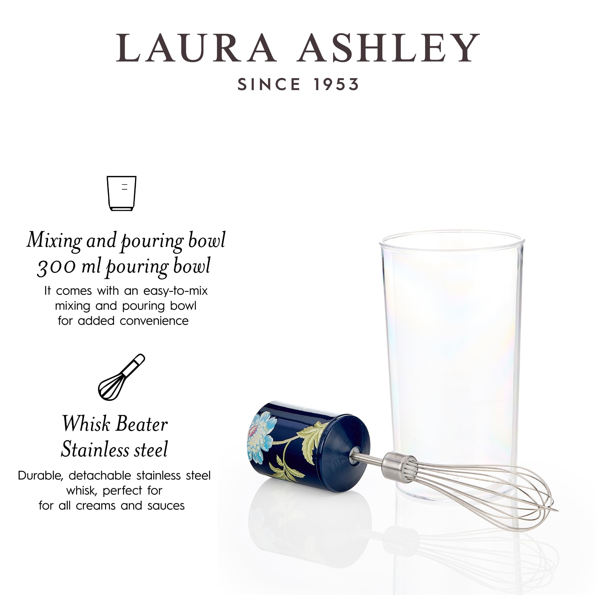 Laura Ashley 150W Immersion Blender Handheld 4 In 1 Electric Hand Blender For Kitchen With Durable Stainless Steel Blades, Whisk & 300Ml Mixing, Pouring Cup 2 Speed Modes Hand Held Stick Blender