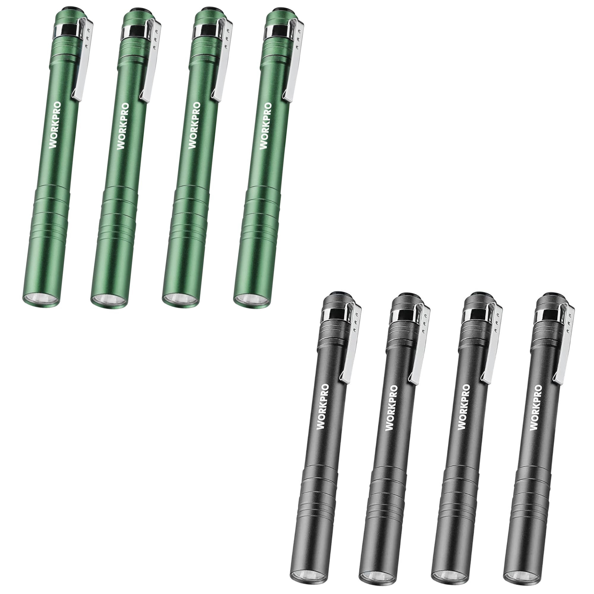 Workpro 4 Pack Gray Pen Light Set & 4 Pack Green Pen Light Set
