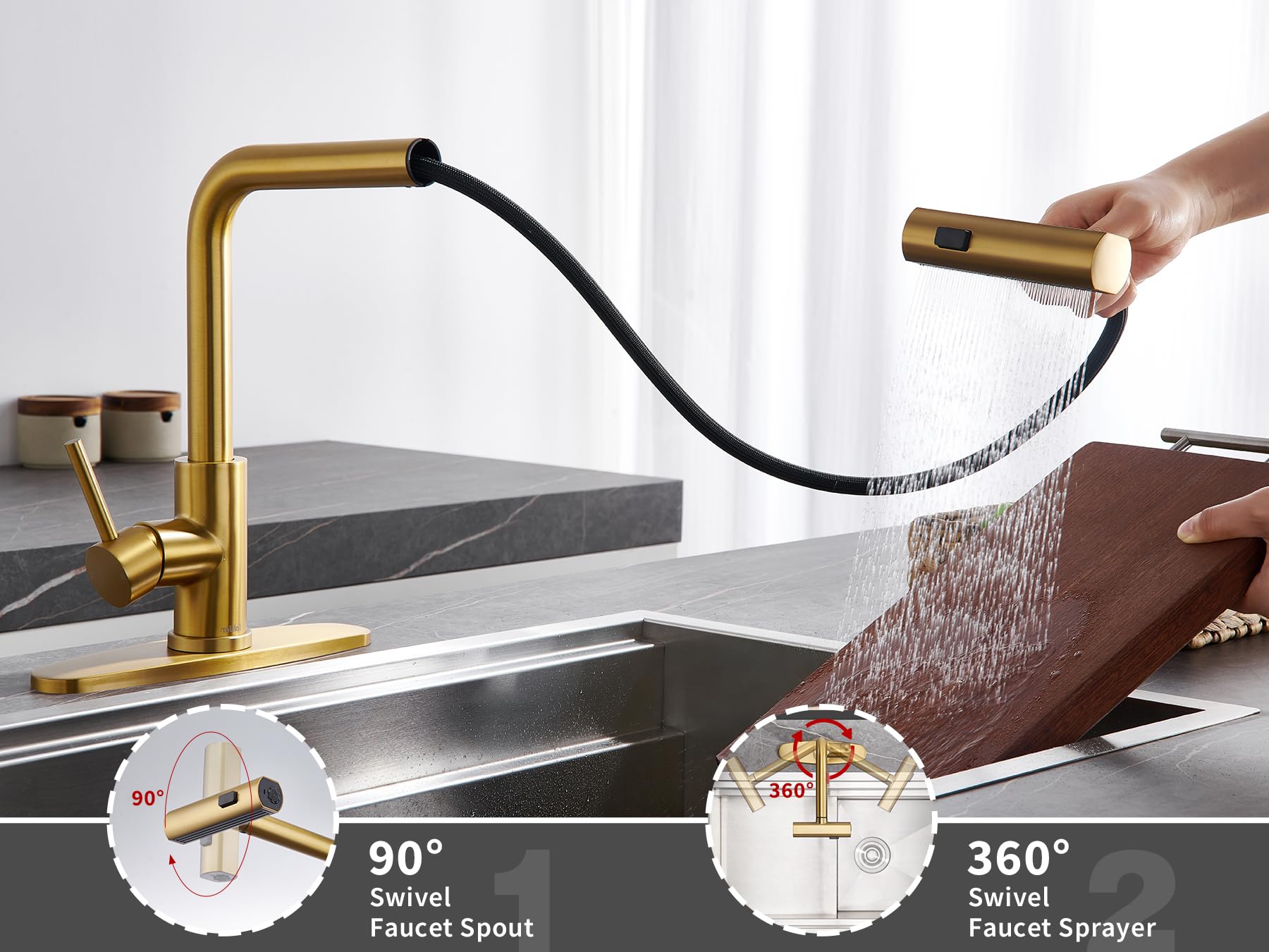 Tohlar Gold Kitchen Faucet, Waterfall Kitchen Faucet With Pull Down Sprayer, 3 Modes Sprayer Kitchen Sink Faucet Single Lever Handle Faucet For Kitchen Sink, Brushed Gold