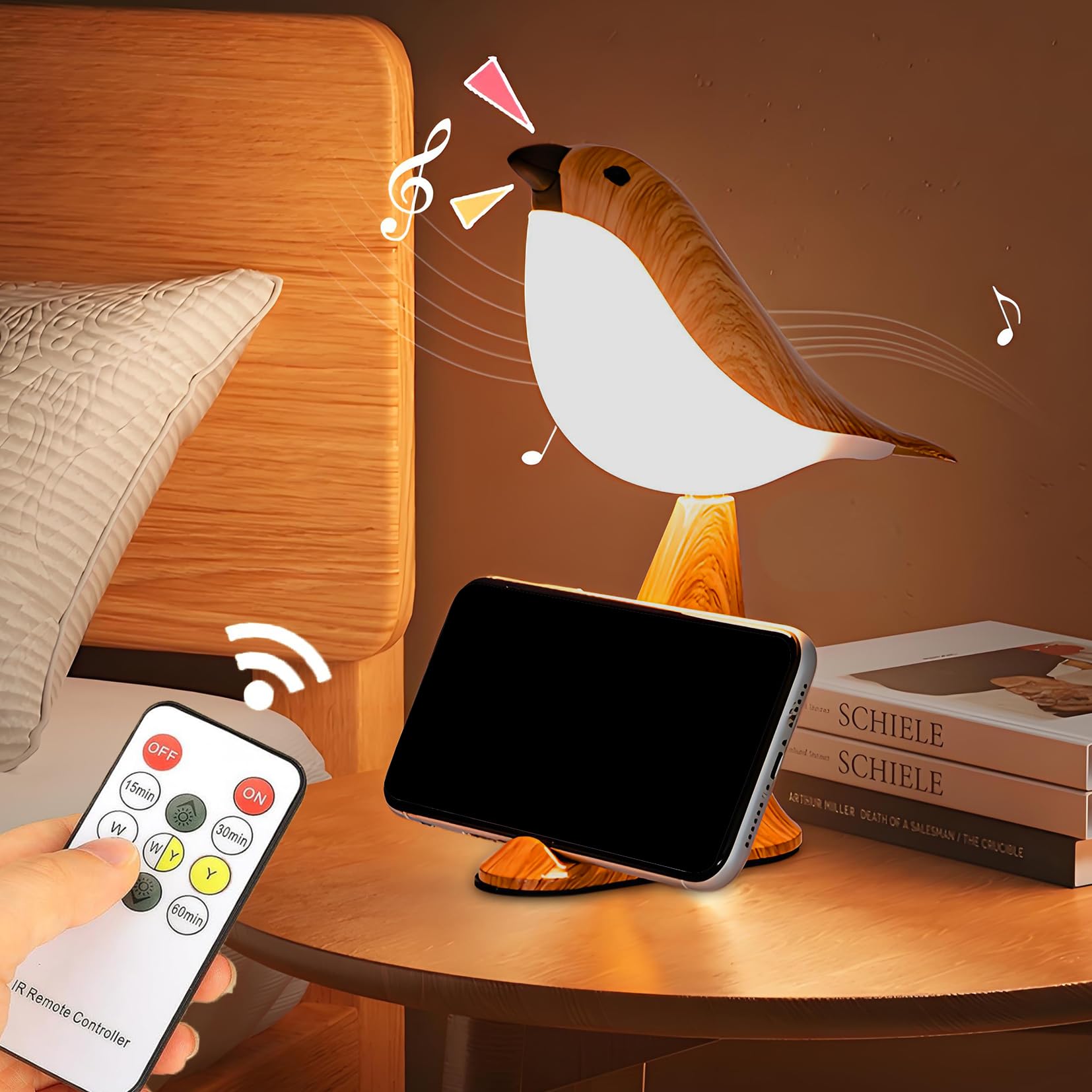 Liyaoli Bird Night Lamp For Bedroom,Cordless Small Desk Lamps With 3 Color Temperature,Portable Rechargeale Night Light With Remote Control,Led Dimmable Bedside Touch Lamp,Yellow Wood Grain