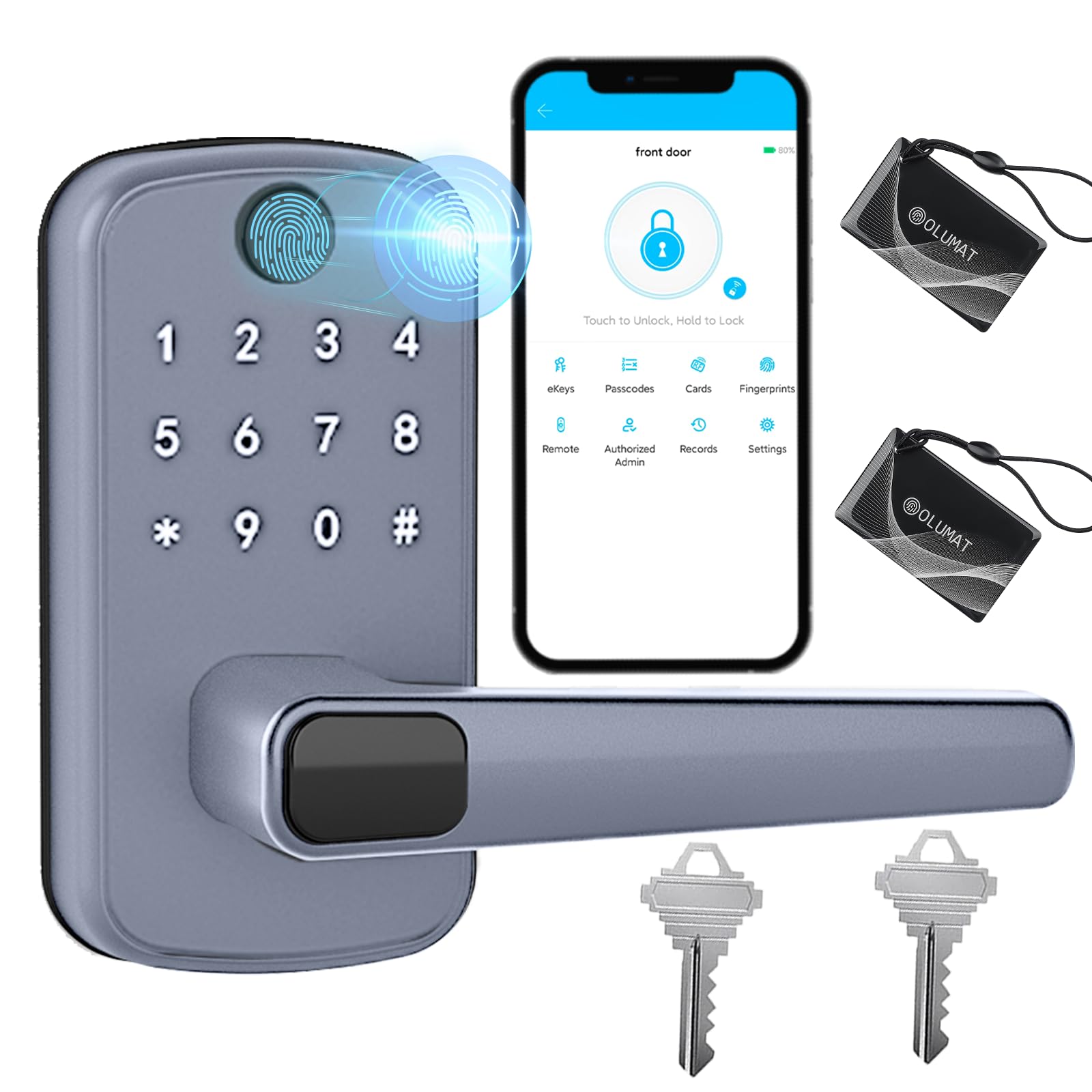 Olumat Smart Door Lock With Handle: Keyless Entry Door Lock With Keypad, Fingerprint, And App Control - Biometric Door Lock For Home Security - Easy Installation (Silver Gray)