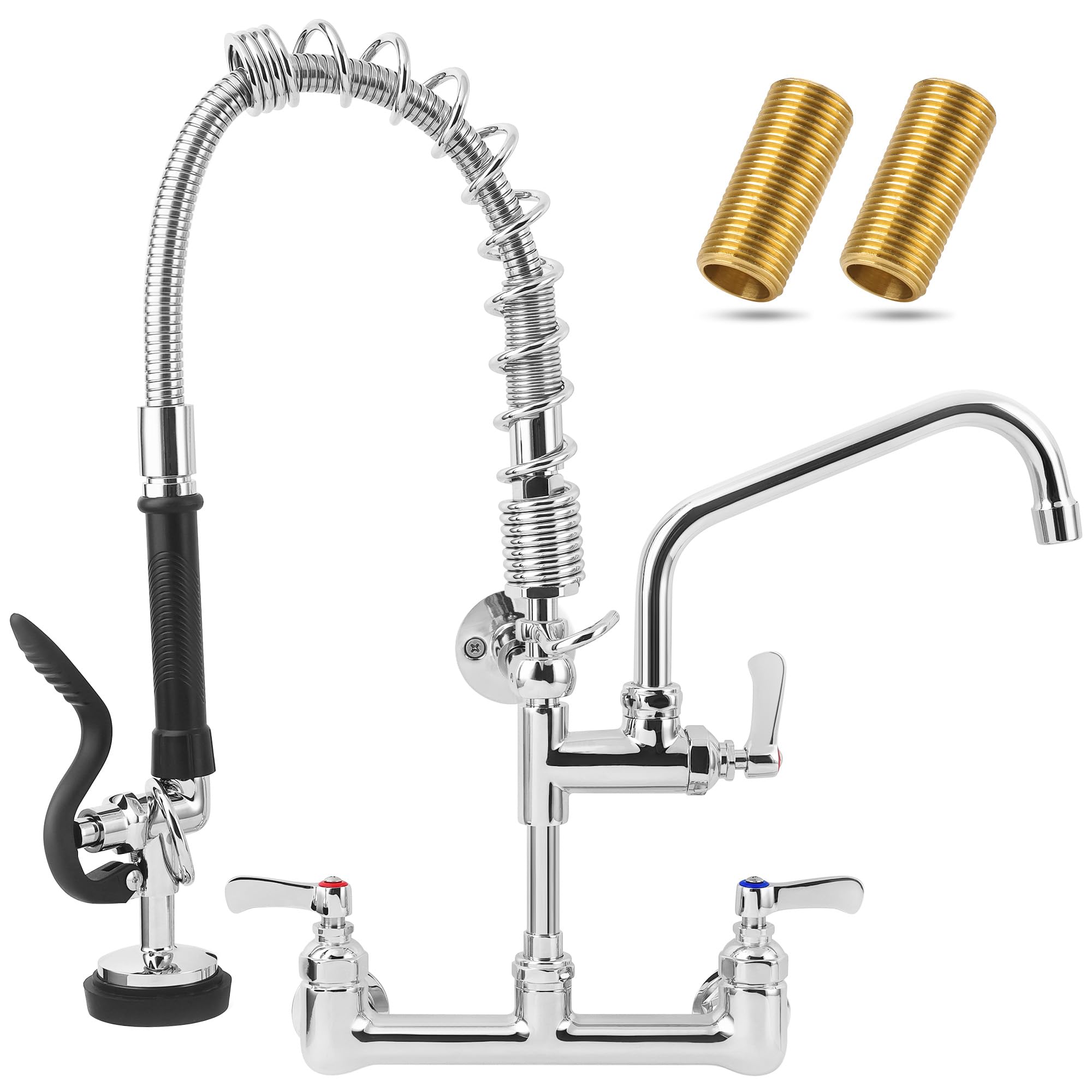 Bzimak Commercial Sink Faucet - 21" Height Commercial Faucet Wall Mount With Pre-Rinse Sprayer - 8" Adjustable Center And 8" Add-On Swing Spout, Commercial Kitchen Faucet With Pull Down Spray