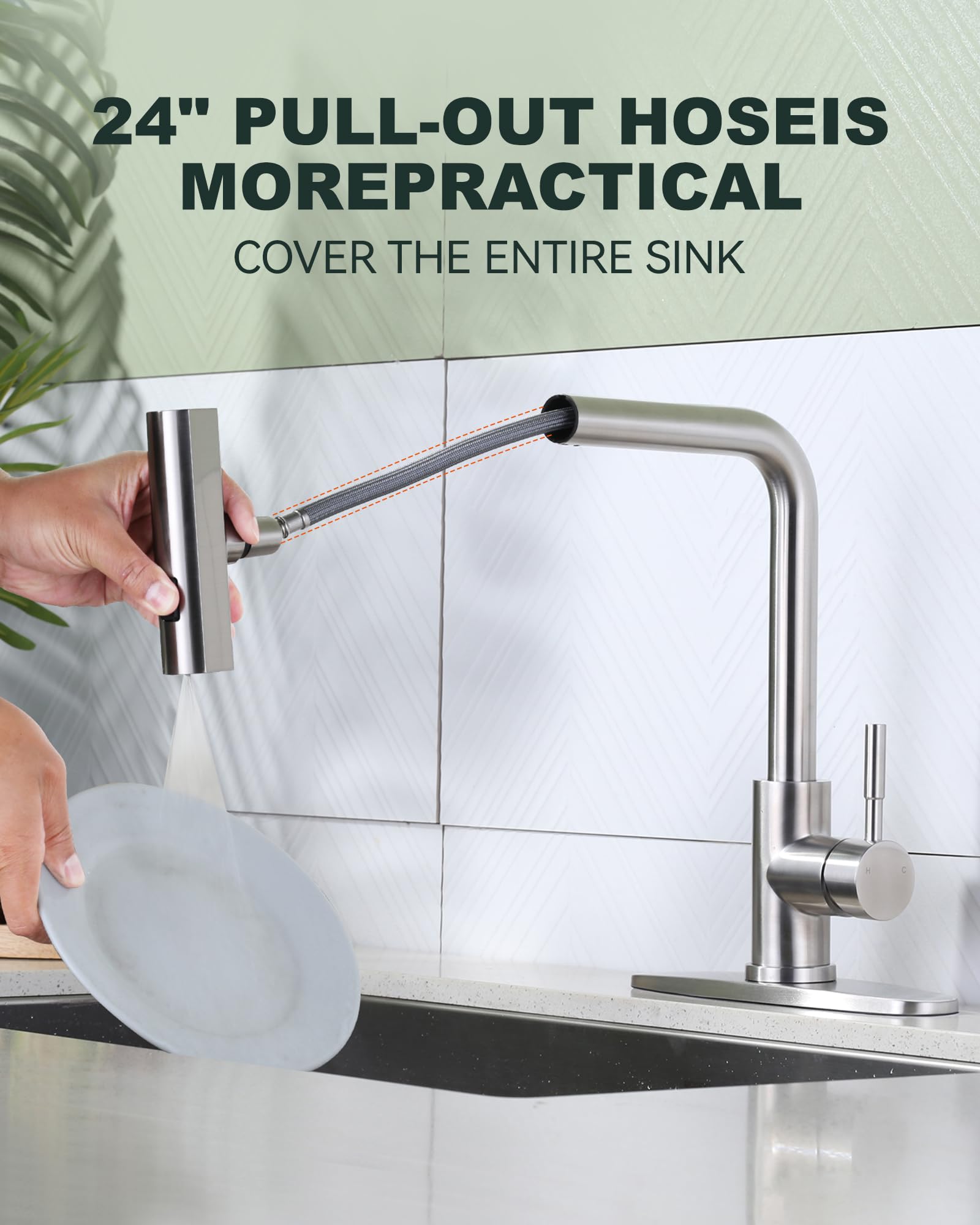 Iviga Waterfall Kitchen Sink Faucet With Sprayer: 3 Modes(Waterfall/Stream/Sweep) Pull Down Sprayer - Brushed Nickel Splash Proof Sink Faucet - Swivel Waterfall Kitchen Faucet For Wash Vegetable Fruit