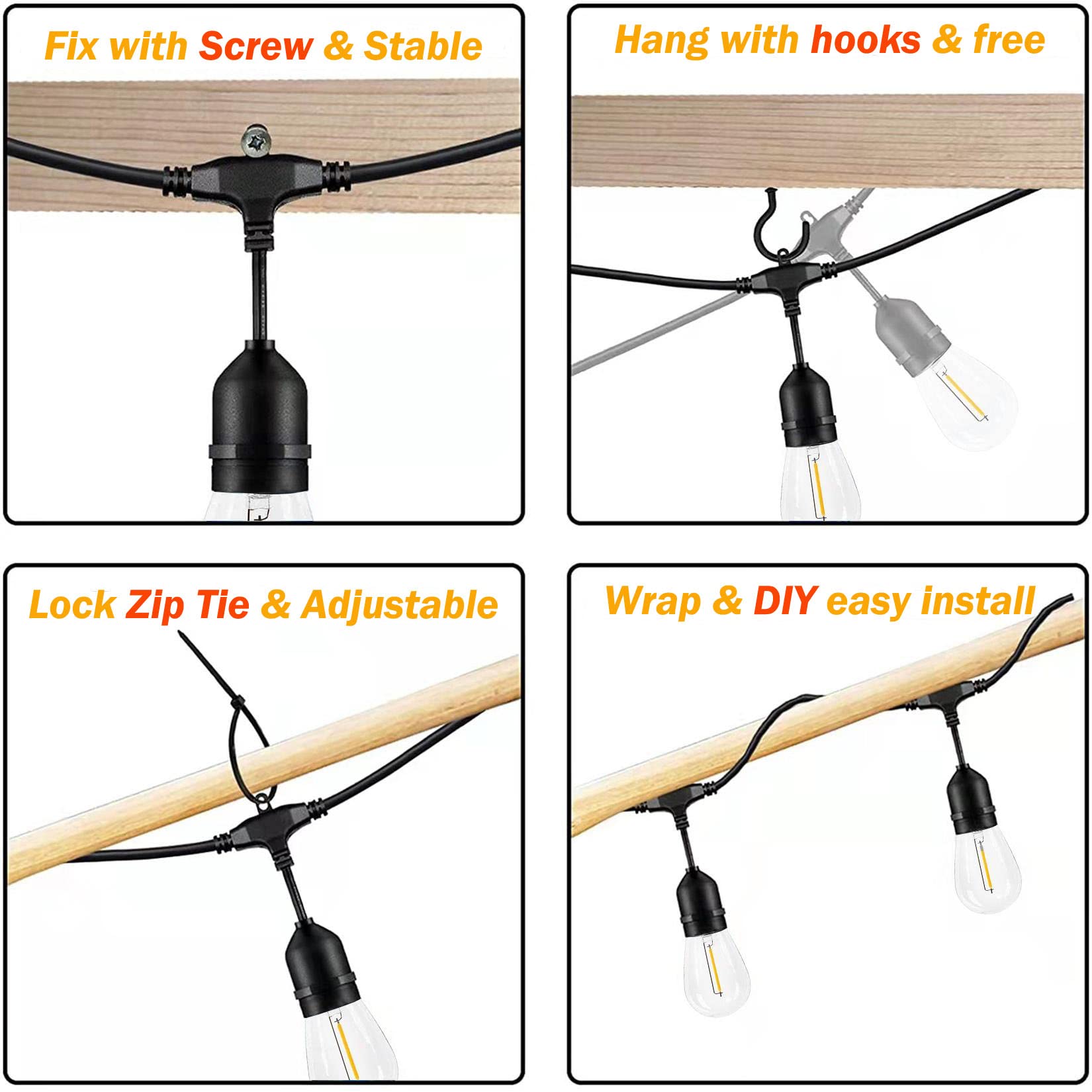 Skeerei 48Ft Outdoor String Lights - Led Heavy-Duty Waterproof Patio Lights With 16 Shatterproof Plastic 2200K Warm White Bulbs For Patio, Gazebo, Pergola, Cafe, Market, Bistro