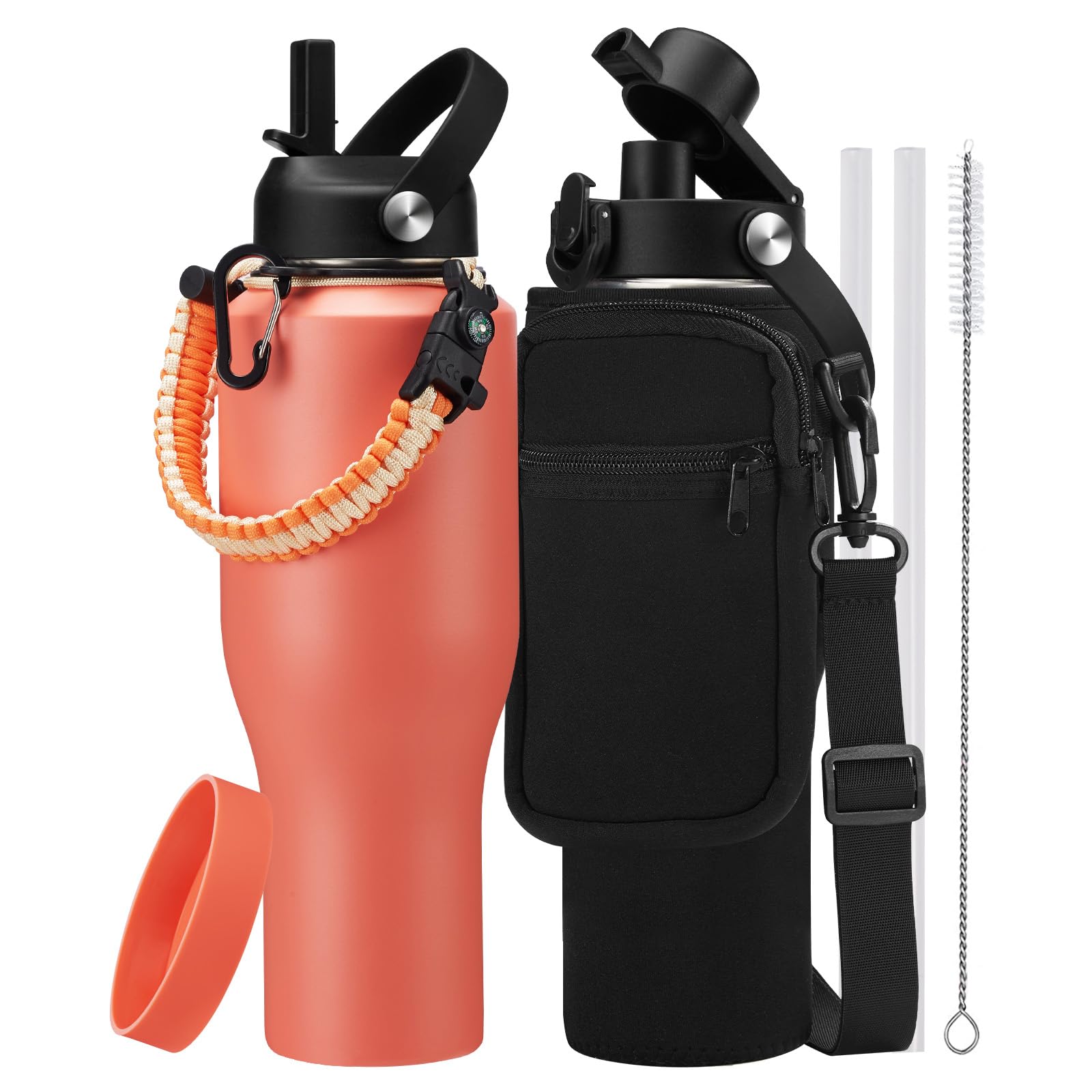 Insulated Water Bottle 40 Oz With Straw - Stainless Steel Tumbler W/Paracord Handle, Straw Lid