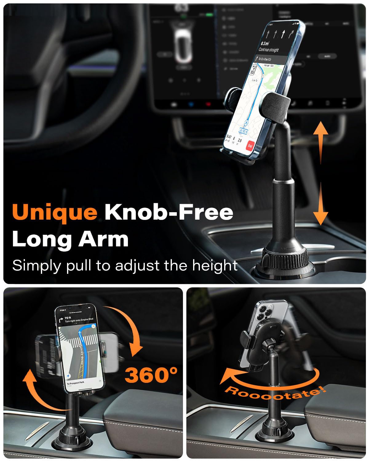 Apps2Car Universal Car Cup Phone Holder  Quick Extension Long Arm  360° Swivel  Adjustable For Iphone, Samsung, Google, And All Smartphones  Stable & No Shake Design