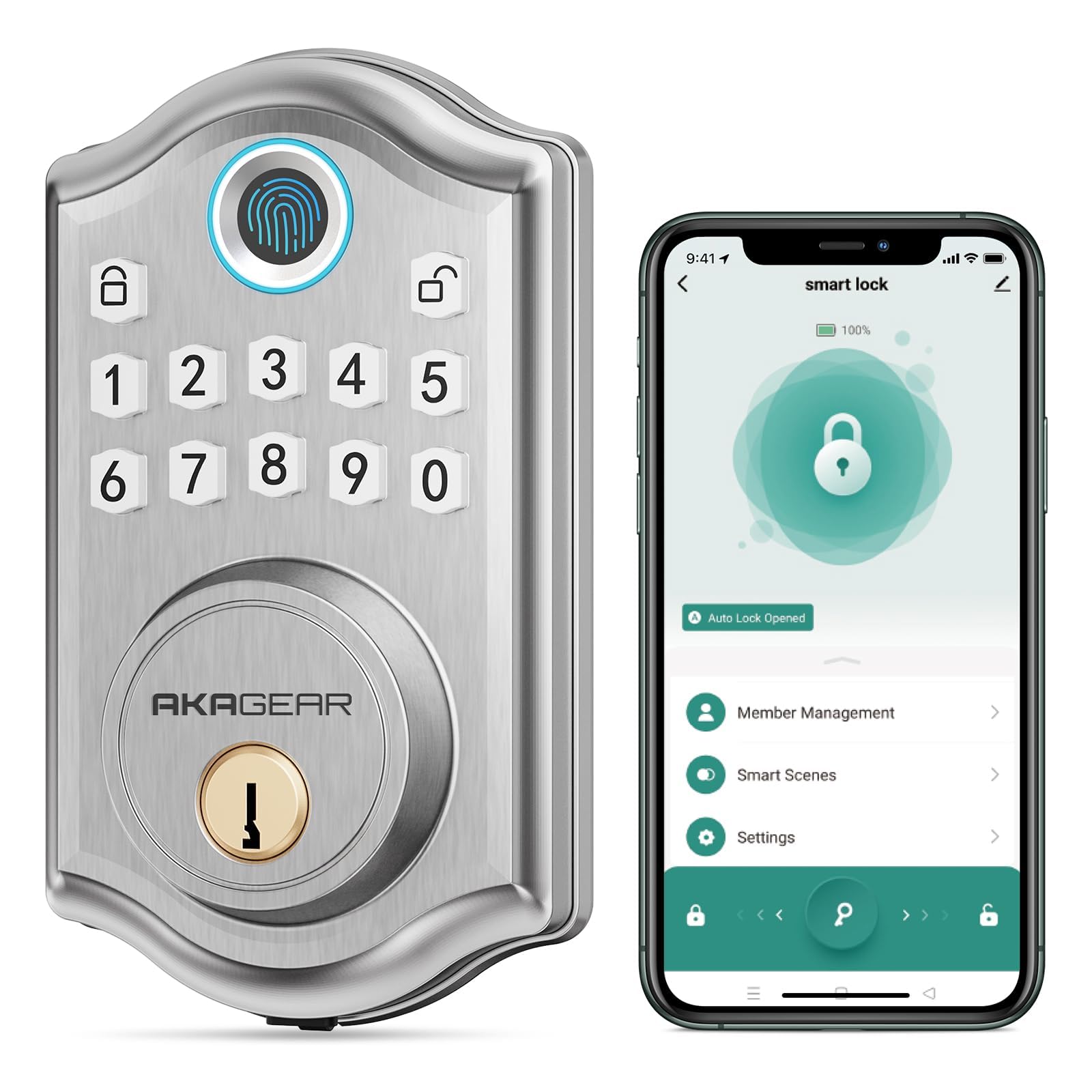 Akagear Ds10 Pro Keyless Entry Door Lock, Fingerprint Door Locks, Electronic Keypad Lock, Smart Deadbolt, Smart Locks For Front Door, Auto-Lock & One Touch Locking With Bluetooth - Satin Nickel