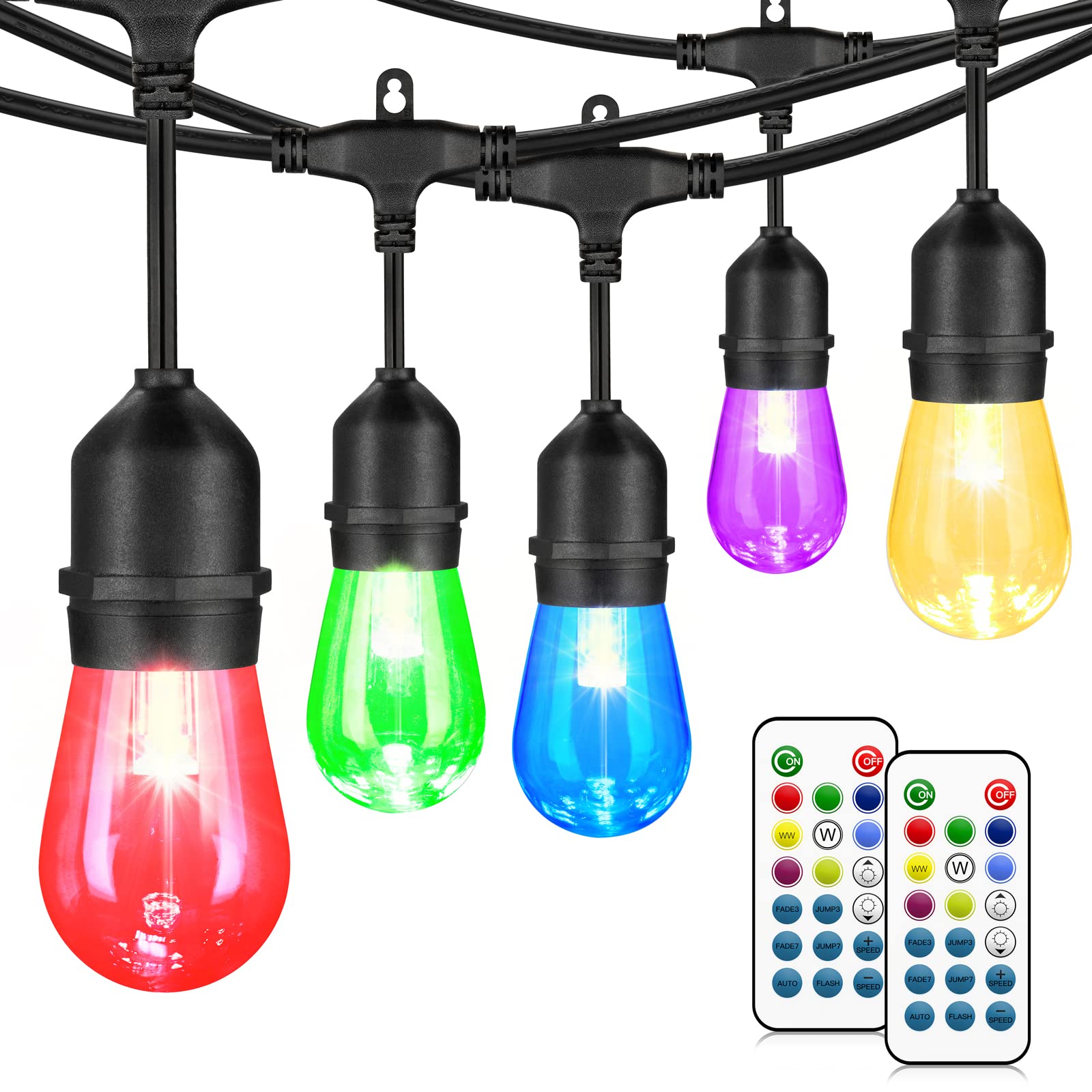 Mlambert 48Ft Outdoor Patio Lights Waterproof Dimmable With Remote, Rgb Cafe Led String Light With 15 Shatterproof Bulbs For Bistro Party-Black 1 Pack