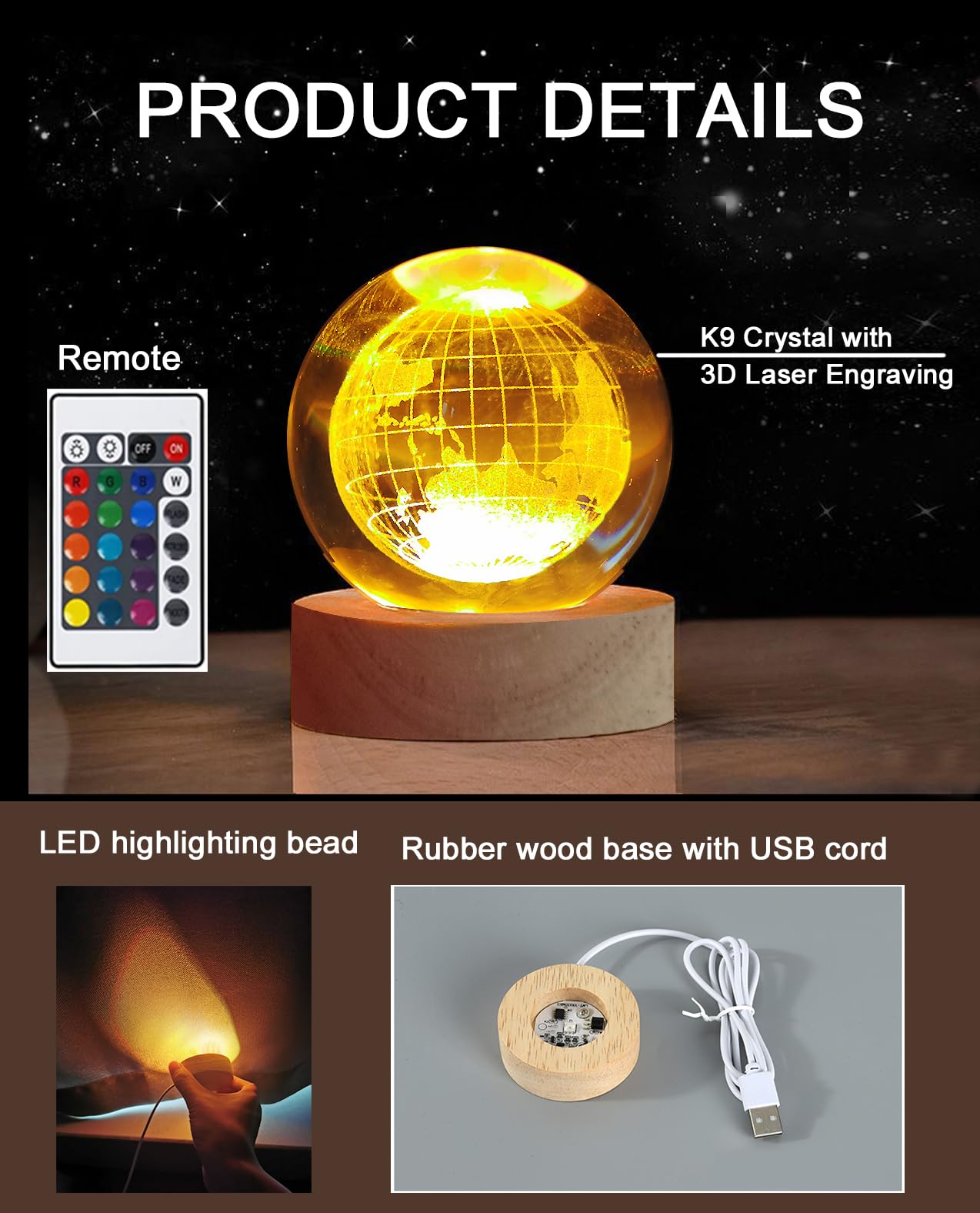 Zabalar Color Changing Table Lamp With Remote,3D Crystal Earth Ball Light With Colorful Led Light Base,Valentine'S Day ,Unique For Kids,Girlfriend,Mother And Friends