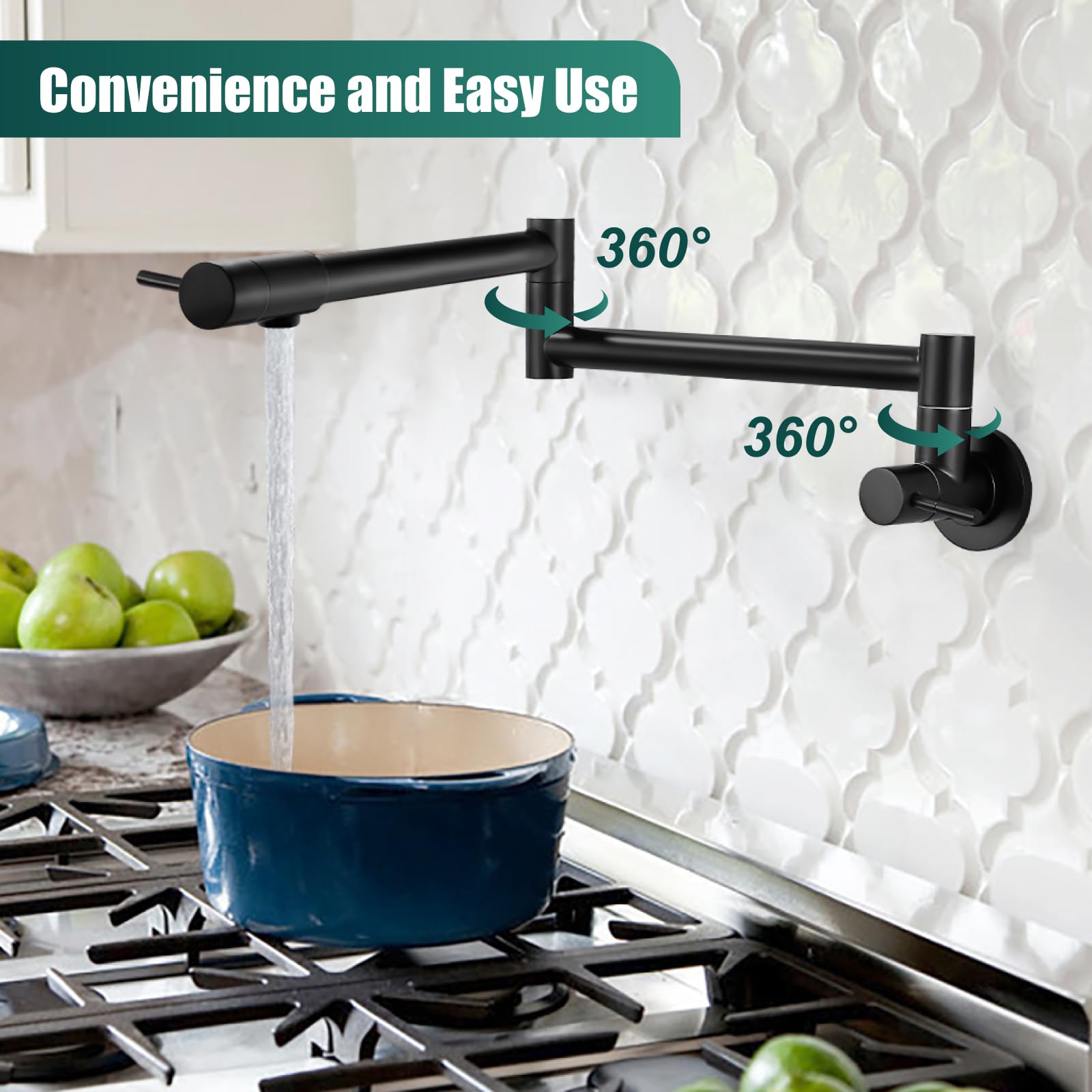 Heyalan Pot Filler Faucet Wall Mount Folding Kitchen Faucet With Double Joint Swing Arm Single Hole 2 Handles Commercial Npt Stainless Steel Separated Male Thread,24 Inch,Matte Black