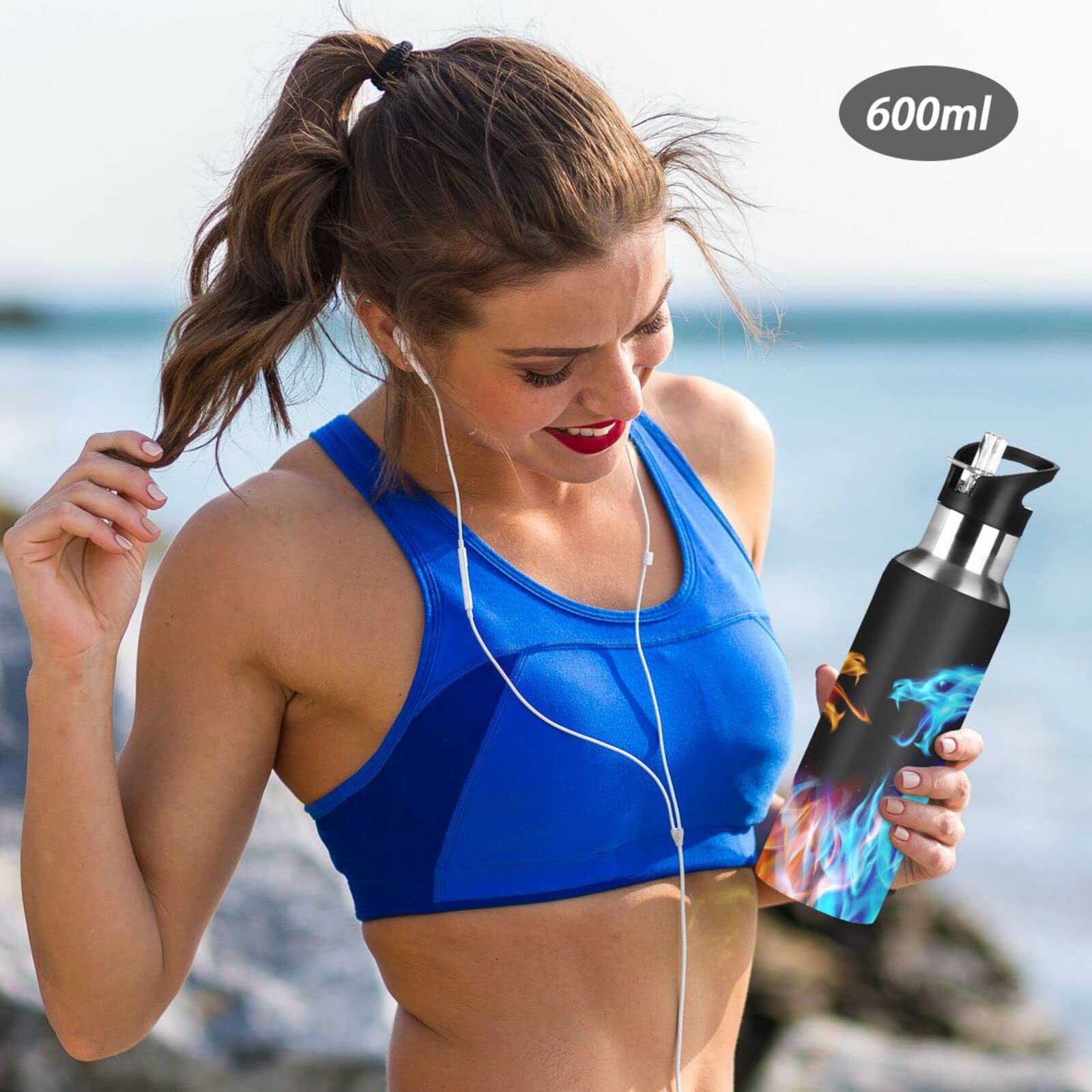 Kcldeci Red Blue Fire Dragon Sports Water Bottle 20 Oz Straw Lid Leak Proof Vacuum