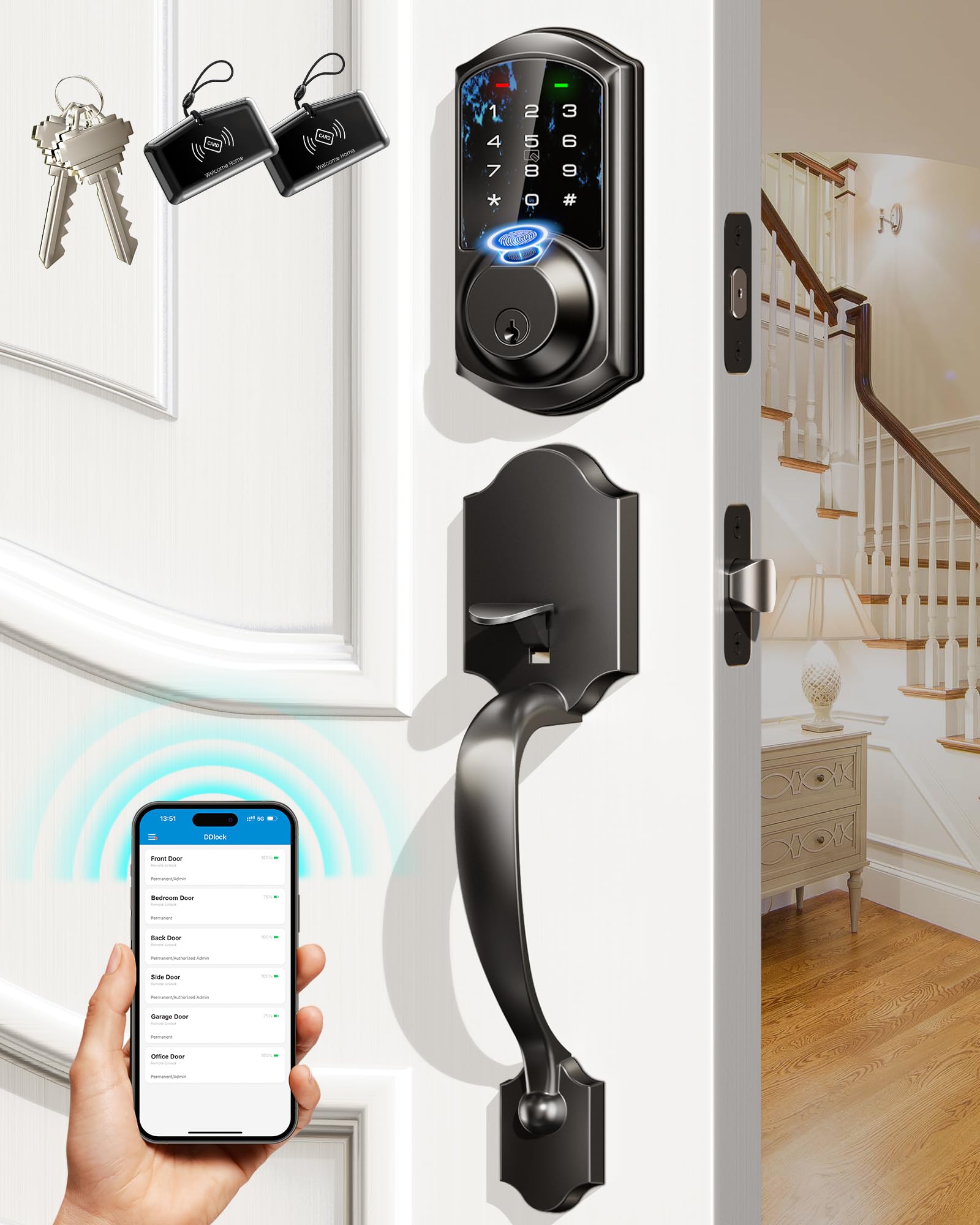 Veise Ve07-H Fingerprint Smart Locks For Front Door With Handle Set, App Control, Keyless Entry Keypad Deadbolt, Digital Electronic Touchscreen, Easy Install, Auto Lock, Matte Black