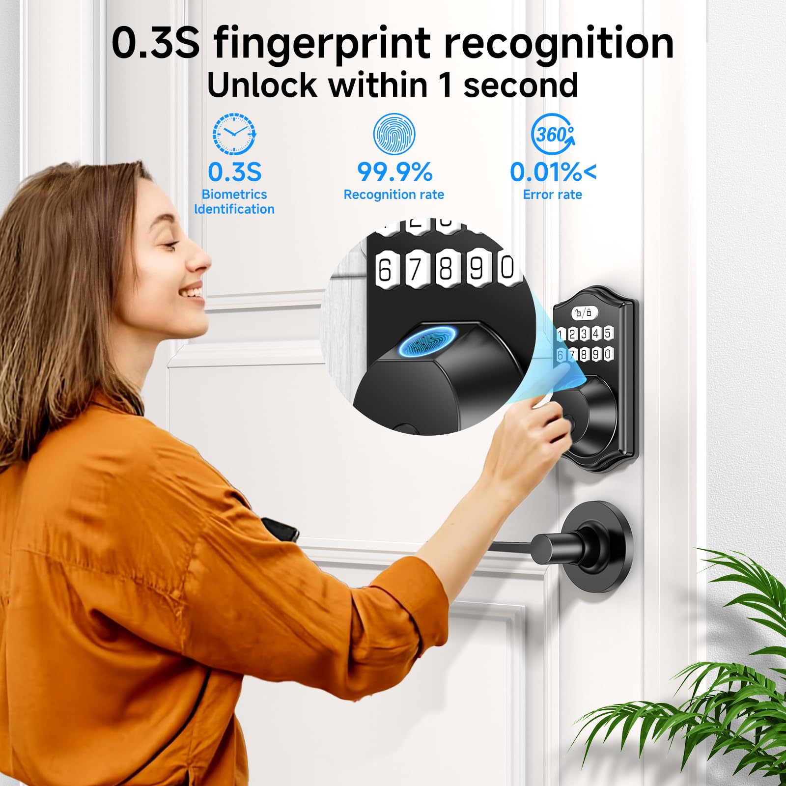 Nbfrutk Keyless Entry Door Lock Deadbolt With Handle Set- Front Door Fingerprint Smart Locks With 2 Lever Handles-Keypad Code Deadbolt -App Control,Auto Lock,Easy To Install