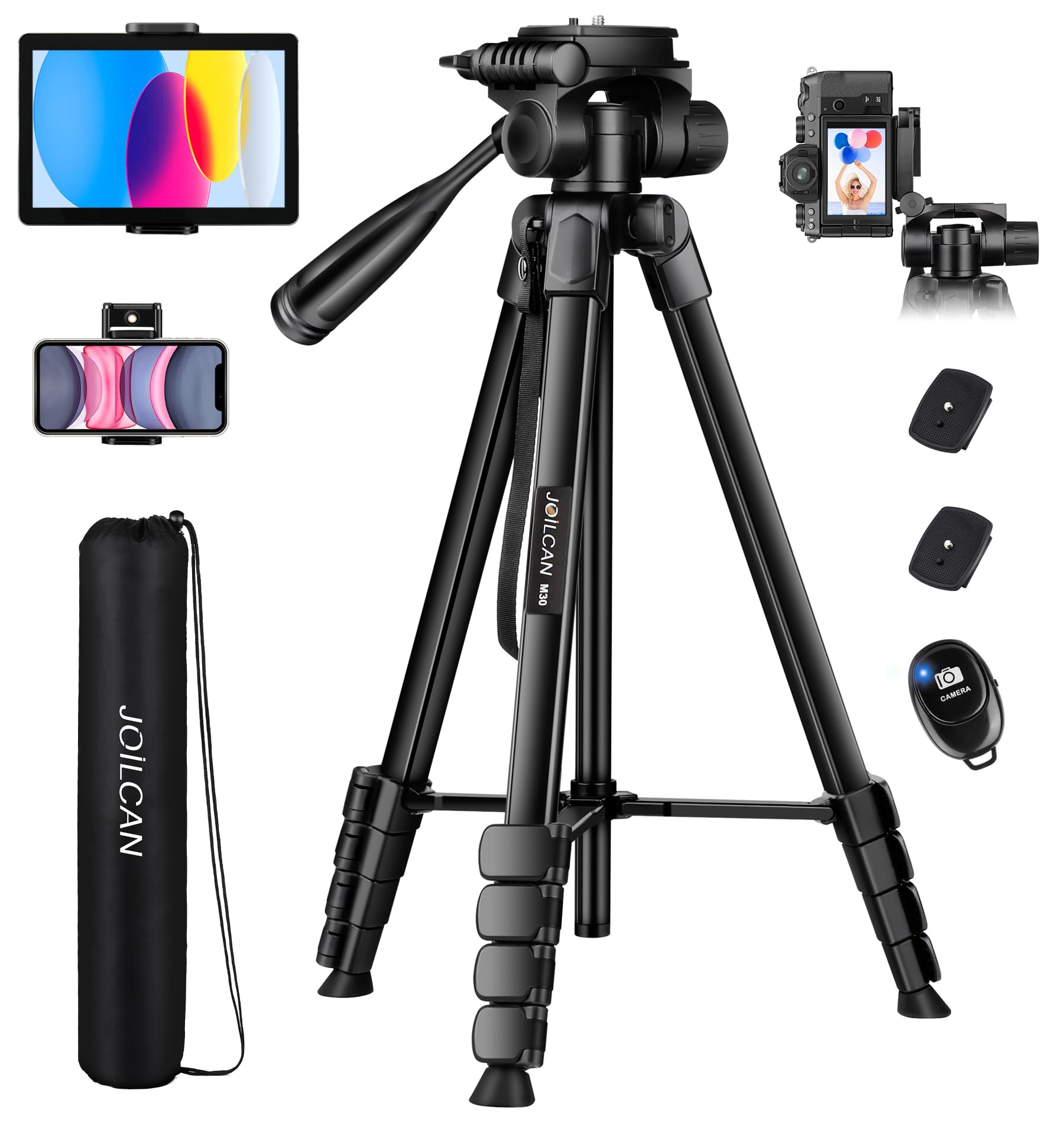 Joilcan Camera Tripod, 68" Tablet Tripod Stand For Phone Cameras, Travel Tripod Compatible With Ipad Iphone Dslr Slr Projector, Cell Phone Tripod Stand With Remote/Travel Bag / 2 In 1 Mount
