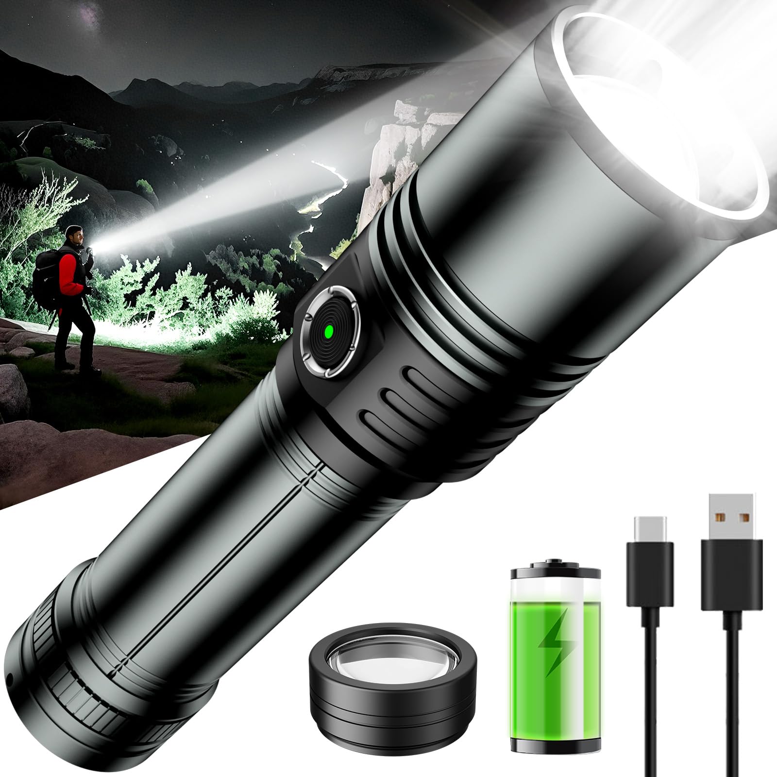 Skyfire Led Flashlights 1000000 High Lumens With Ignition Lens, Rechargeable Super Bright Zoomable Flash Light, 5 Modes Waterproof Handheld Powerful Utility Flashlight For Emergency Camping Hiking