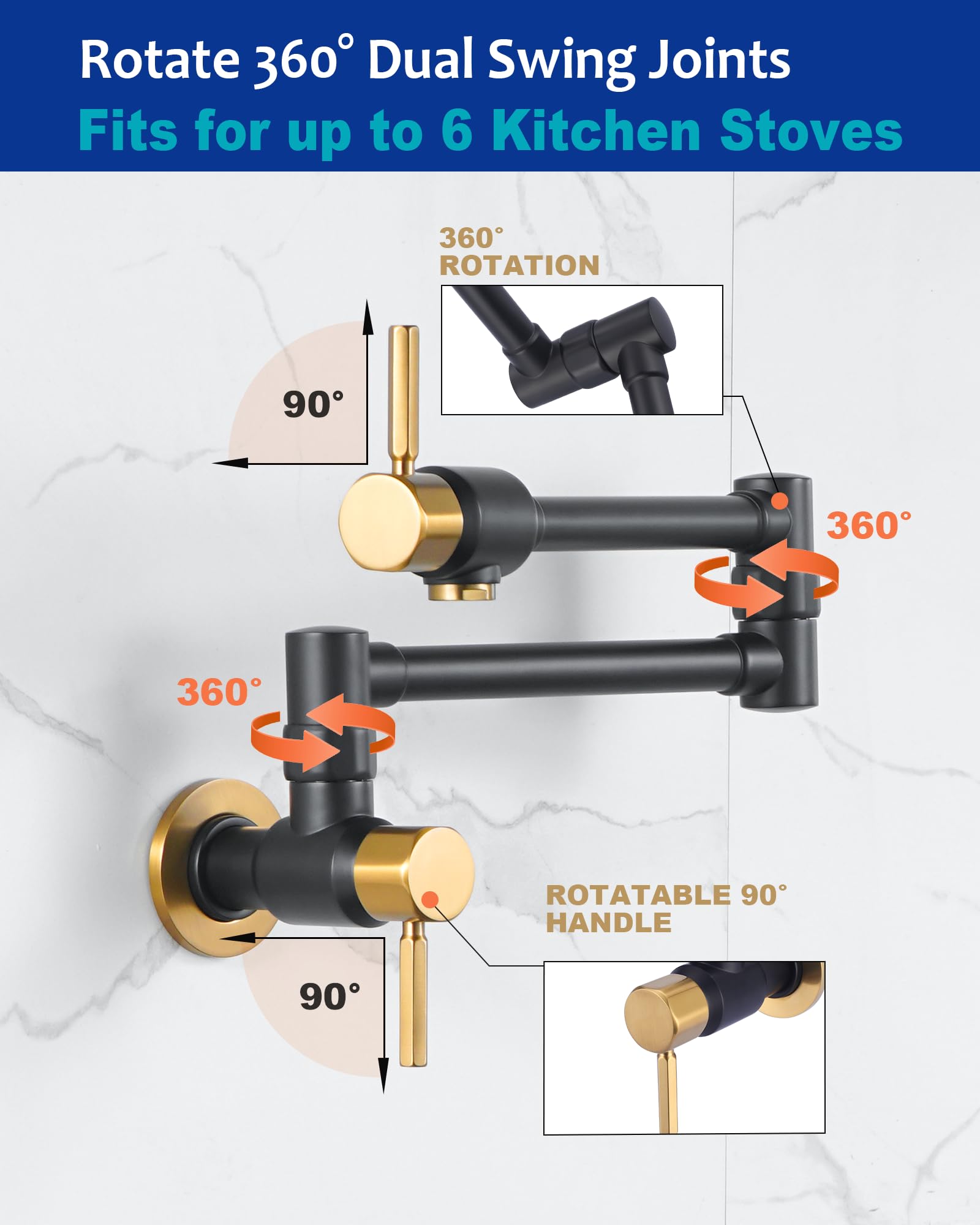 Aleasha Black And Gold Pot Filler Faucet: Solid Brass Made Heavy Duty Pot Filler, Wall Mount Pot Filler 2 Handles With Double Joint Swing Arms Over Stove For Kitchen