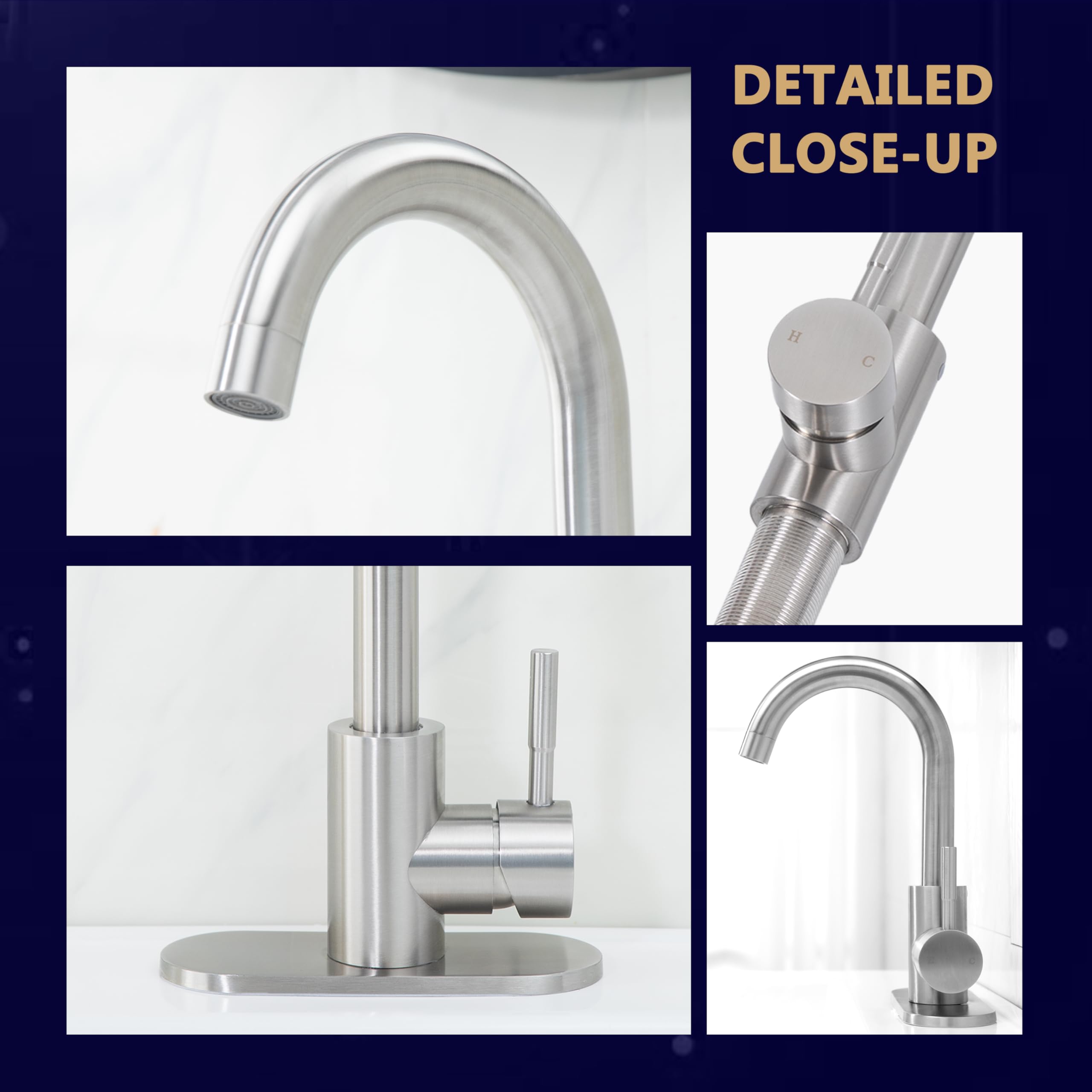 Comllen Wet Bar Sink Faucet, Brushed Nickel, Lead- 304 Stainless Steel, 360° Swivel, Single Handle, Small Prep Sink Faucets With Deck Plate For Rv Outdoor Laundry Vanity Lavatory