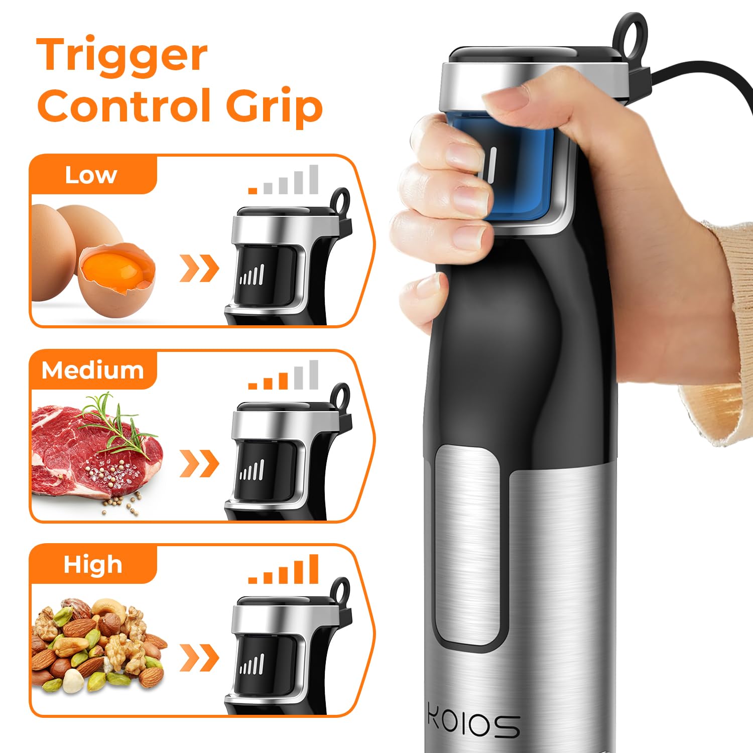 Koios Immersion Blender Handheld Trigger Variable Speed 5-In-1 Immersion Hand Blender 1100W, Anti-Scratch Stainless Steel Shaft, Chopper & Milk Frother, Non-Bpa For Soup, Baby Food And Smoothies