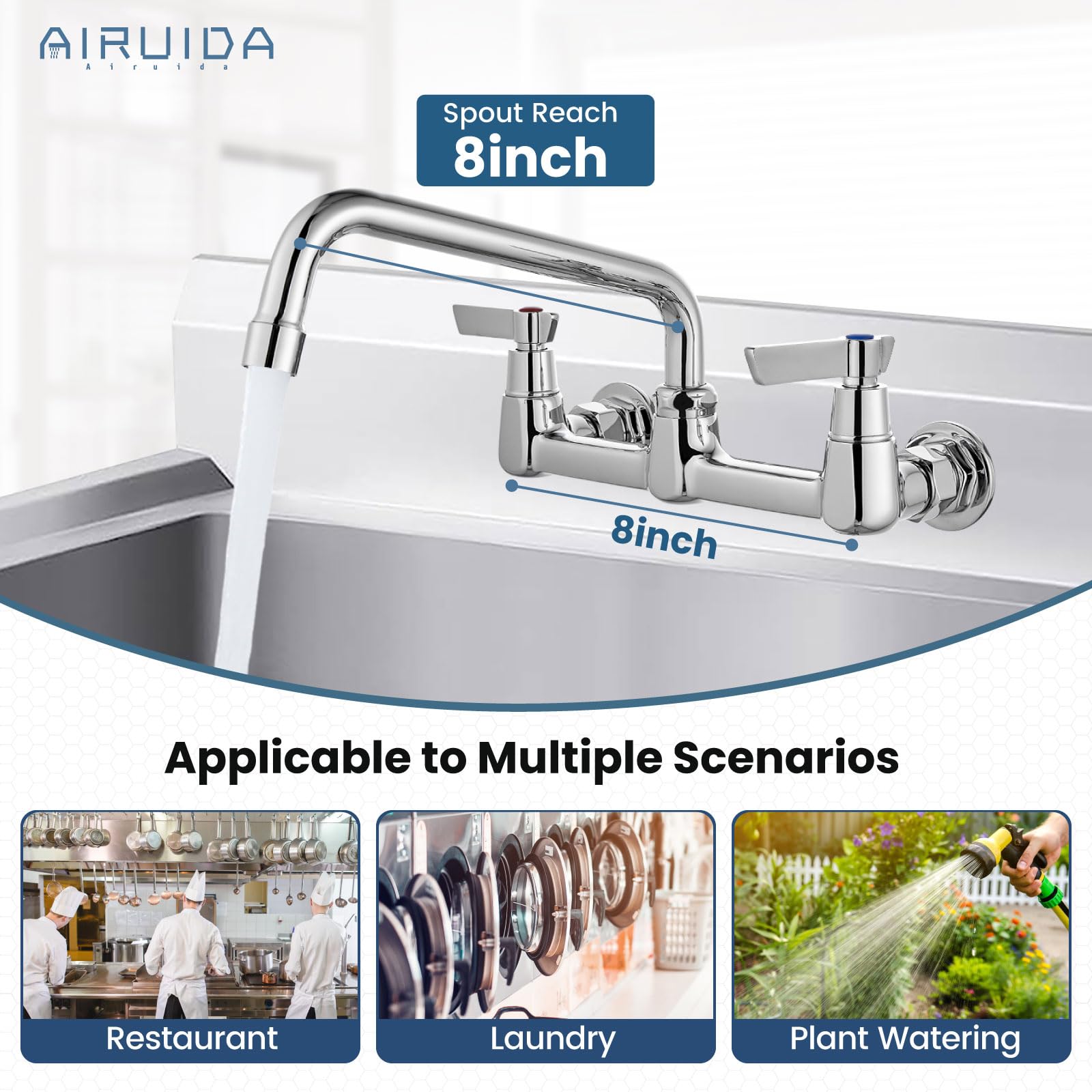 Airuida Chrome Polish Wall Mount Kitchen Sink Faucet Commercial Sink Faucet 8 Inch Center Kitchen Tap Restaurant Mixer For Laundry Room With 2 Hole Double Handles 360 Rotatable 8 Inches Swivel Spout
