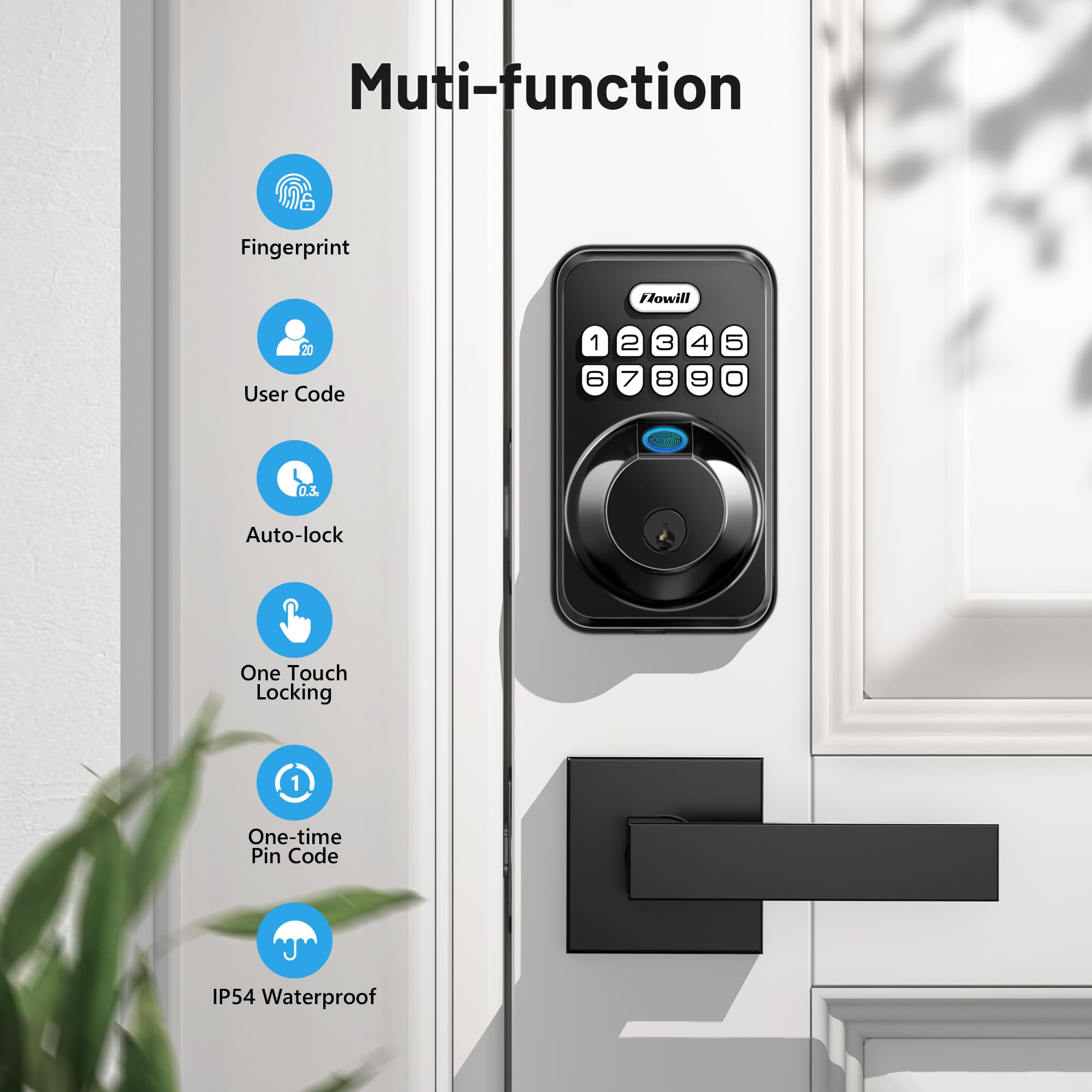 Zowill Fingerprint Door Lock, Keypad Door Lock With 2 Handles, Keyless Entry, Auto Lock, Anti-Peeping Password, Electronic Deadbolt, Front Door Handle Sets For Homes, Apartments, Easy To Install