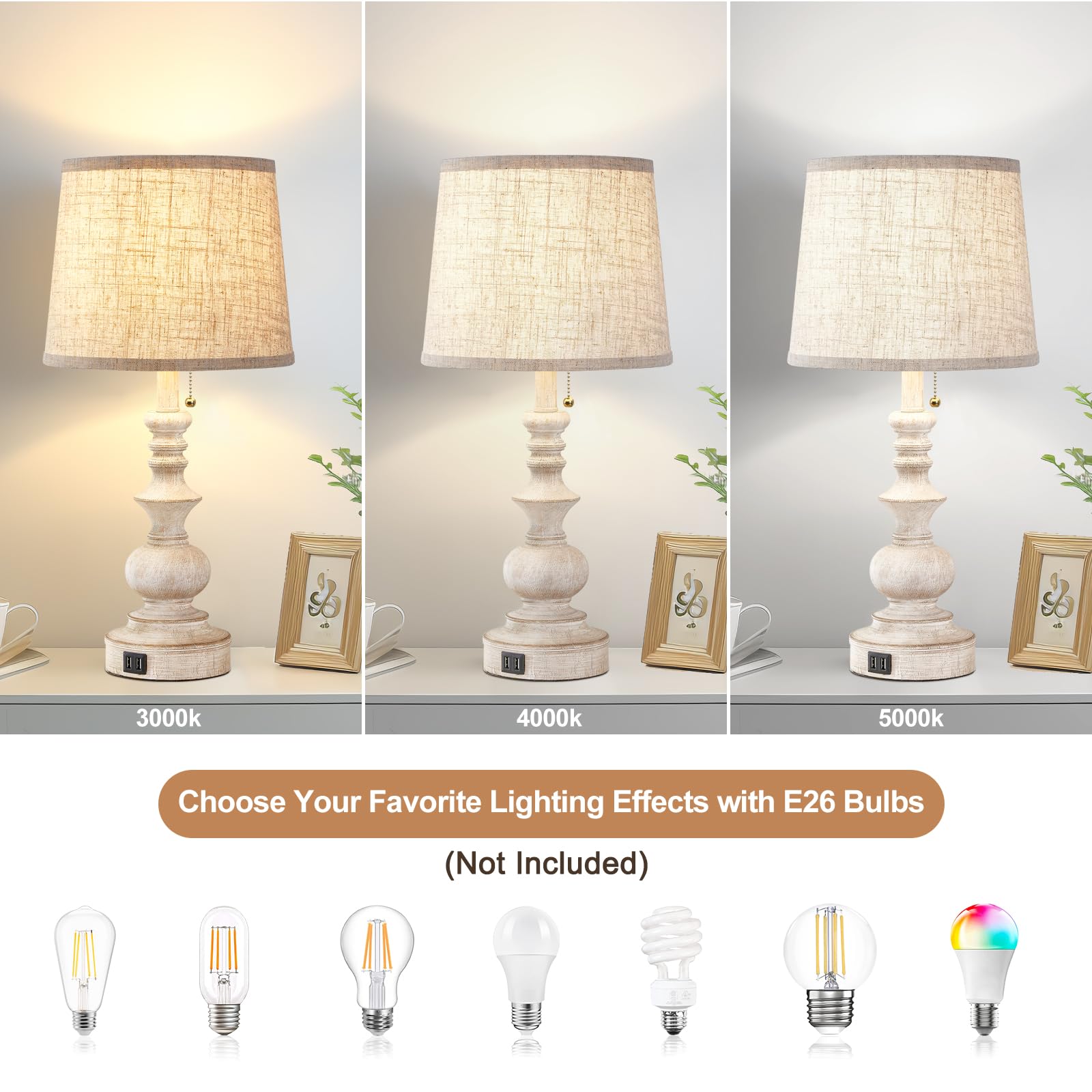 Drawealth Table Lamps For Bedrooms Set Of 2 Farmhouse Bedside Lamps For Nightstand With Usb Charging Ports Traditional Side Table Lamps For Living Room Wooden Finish, Pull Chain, Bulbs Not Included