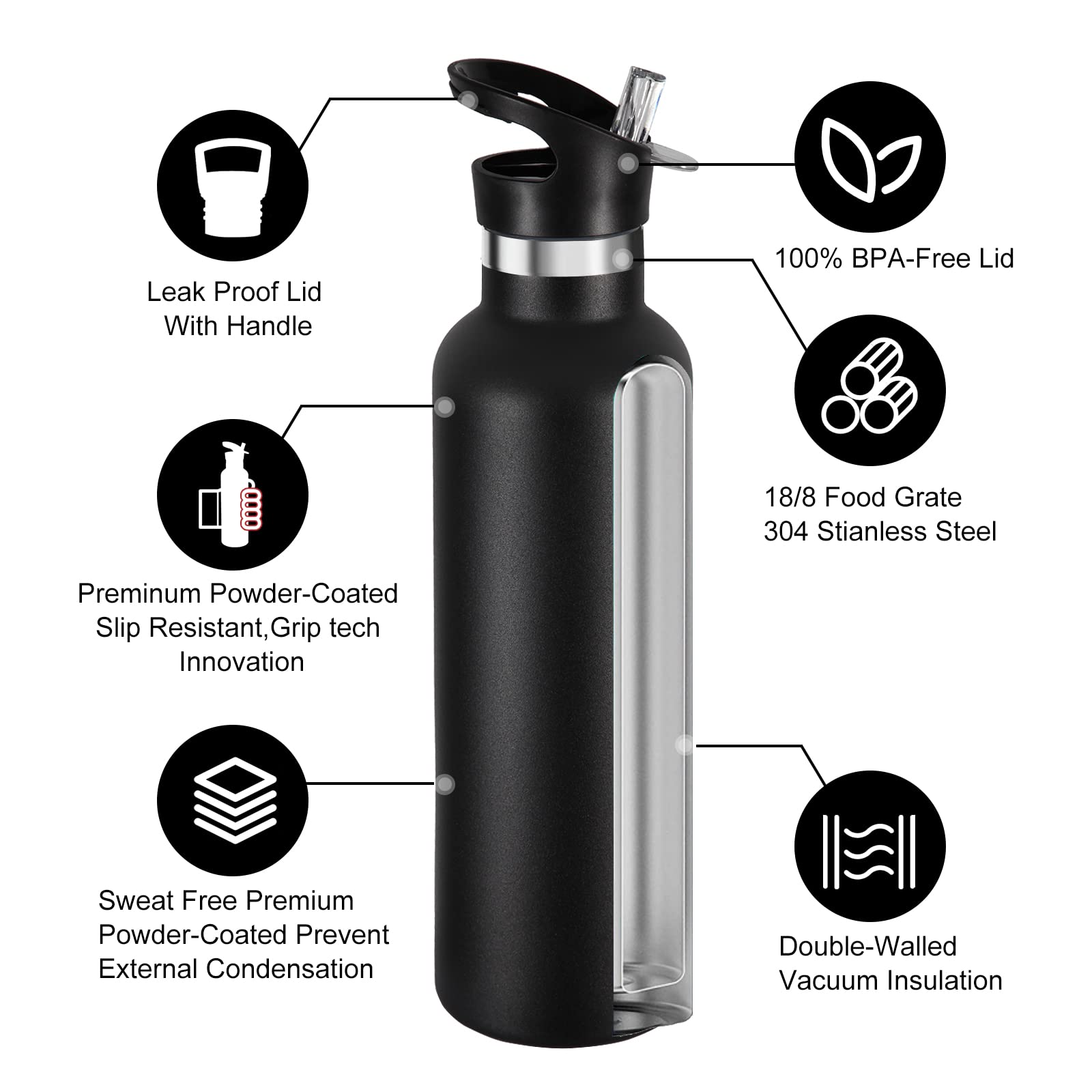 Neihepal 24Oz Insulated Water Bottles Bulk 8 Pack,Stainless Steel Double Wall Sport Bottle