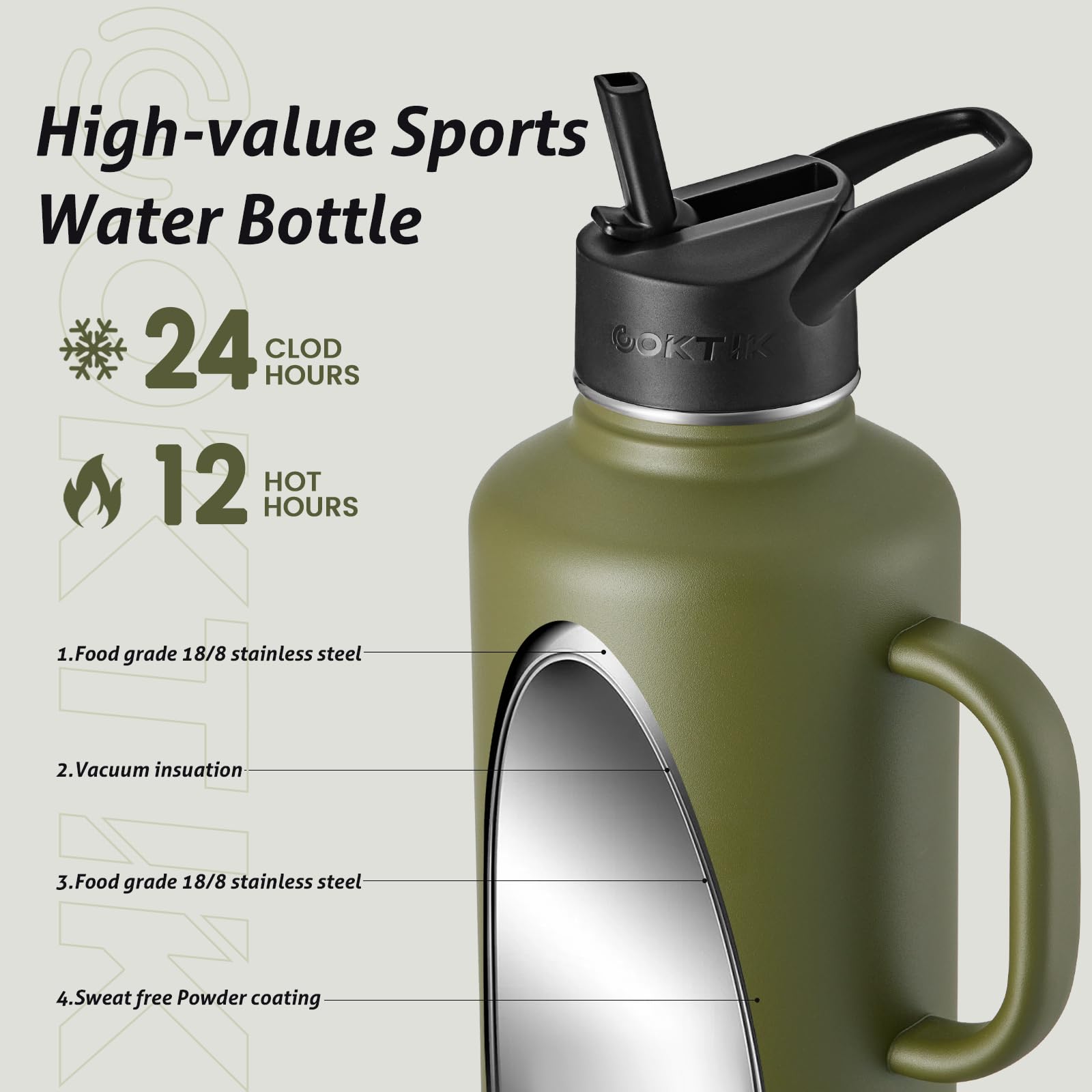 Coktik 64 Oz/Half Gallon Insulated Water Bottle Jug With Straw And Handle, Double Walled Stainless