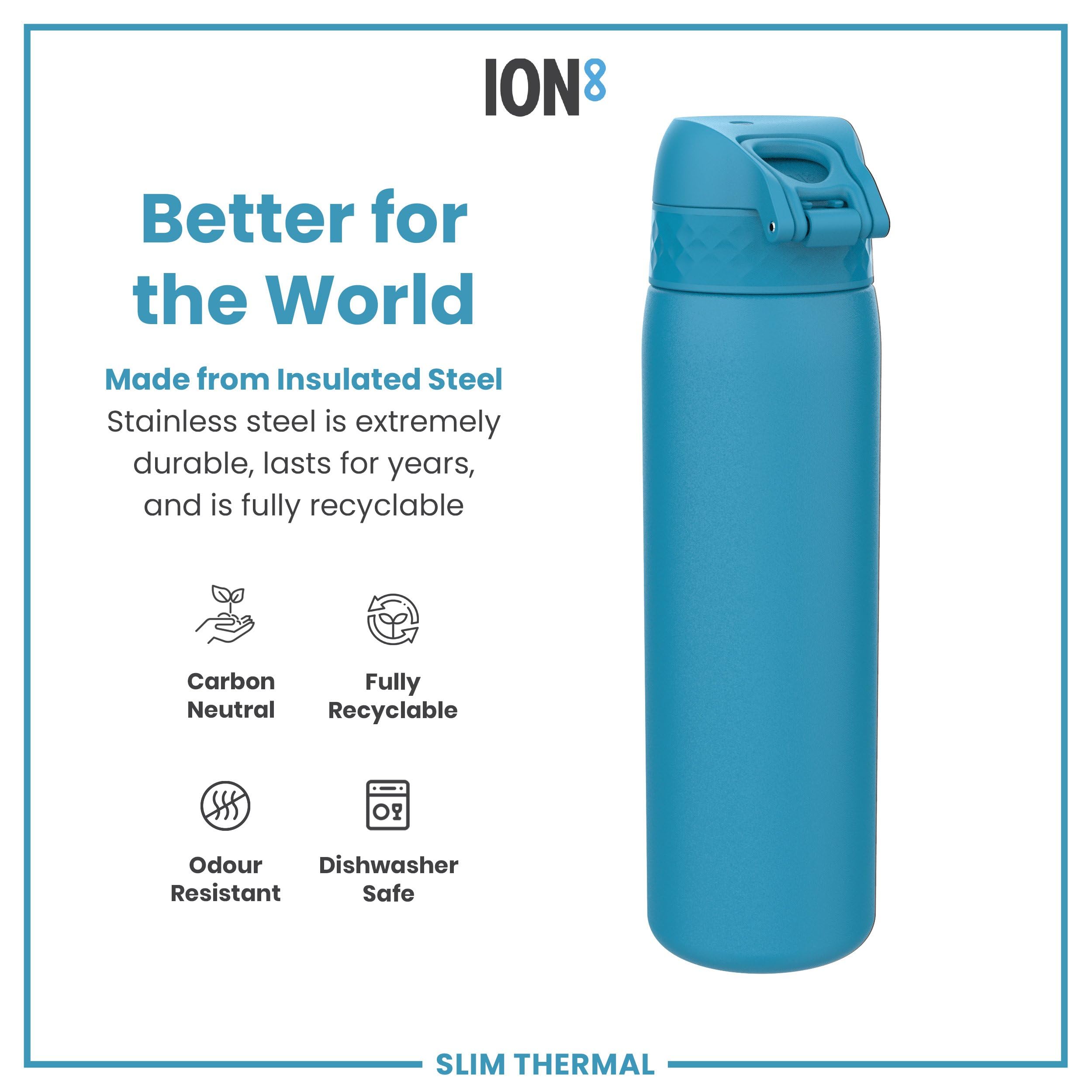 Ion8 Vacuum Insulated Steel Water Bottle, 500 Ml/18 Oz, Leak Proof, Easy To Open, Secure Lock