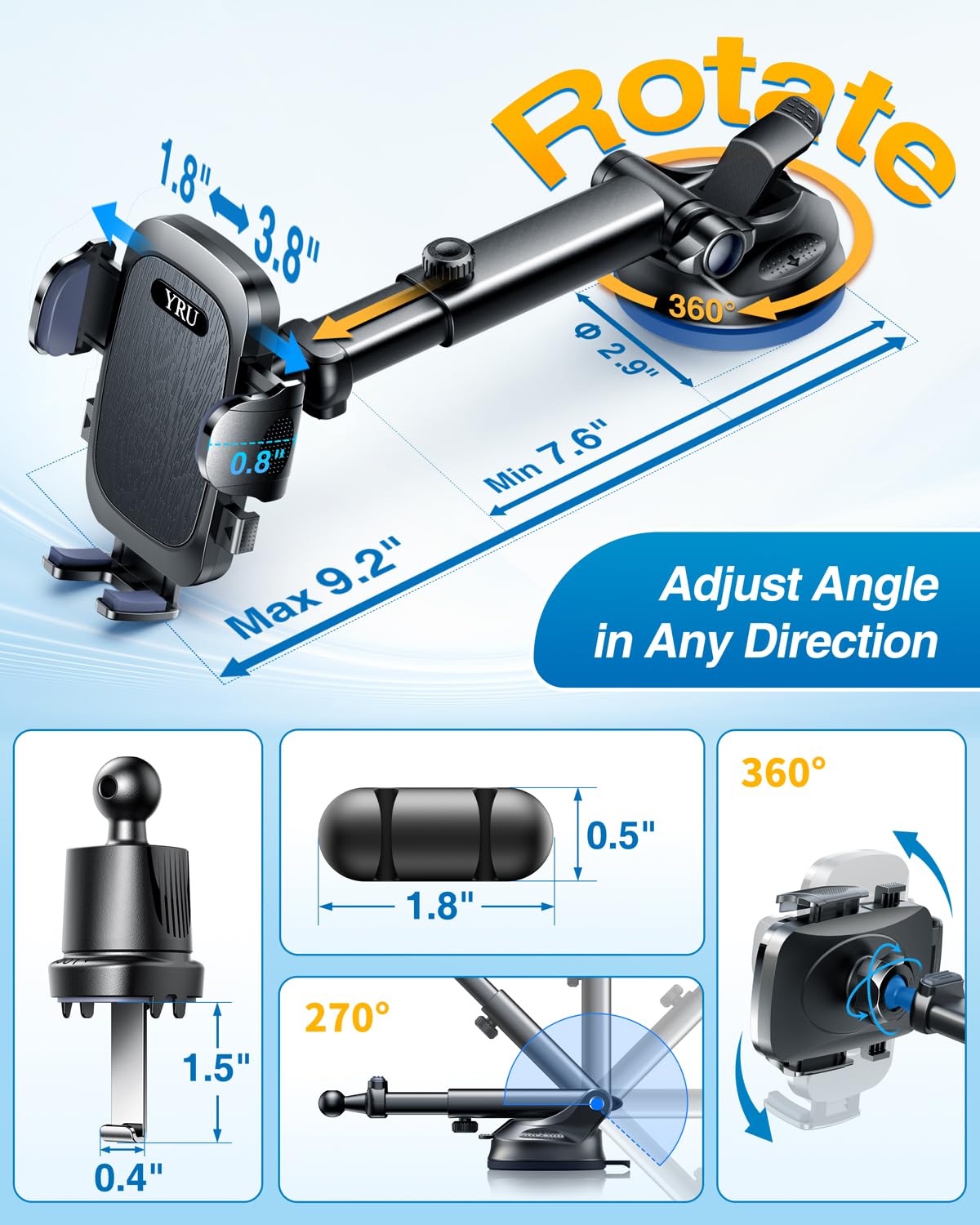 Yru ใ Military-GradeใPhone Holders For Your Carใ 90+Lbs Strongest Suction & ClipใCell Phone Mount Dashboard Windshield Vent Truck Automobile Cradle For Iphone 16 Pro Max 15 14 13 Android,Black