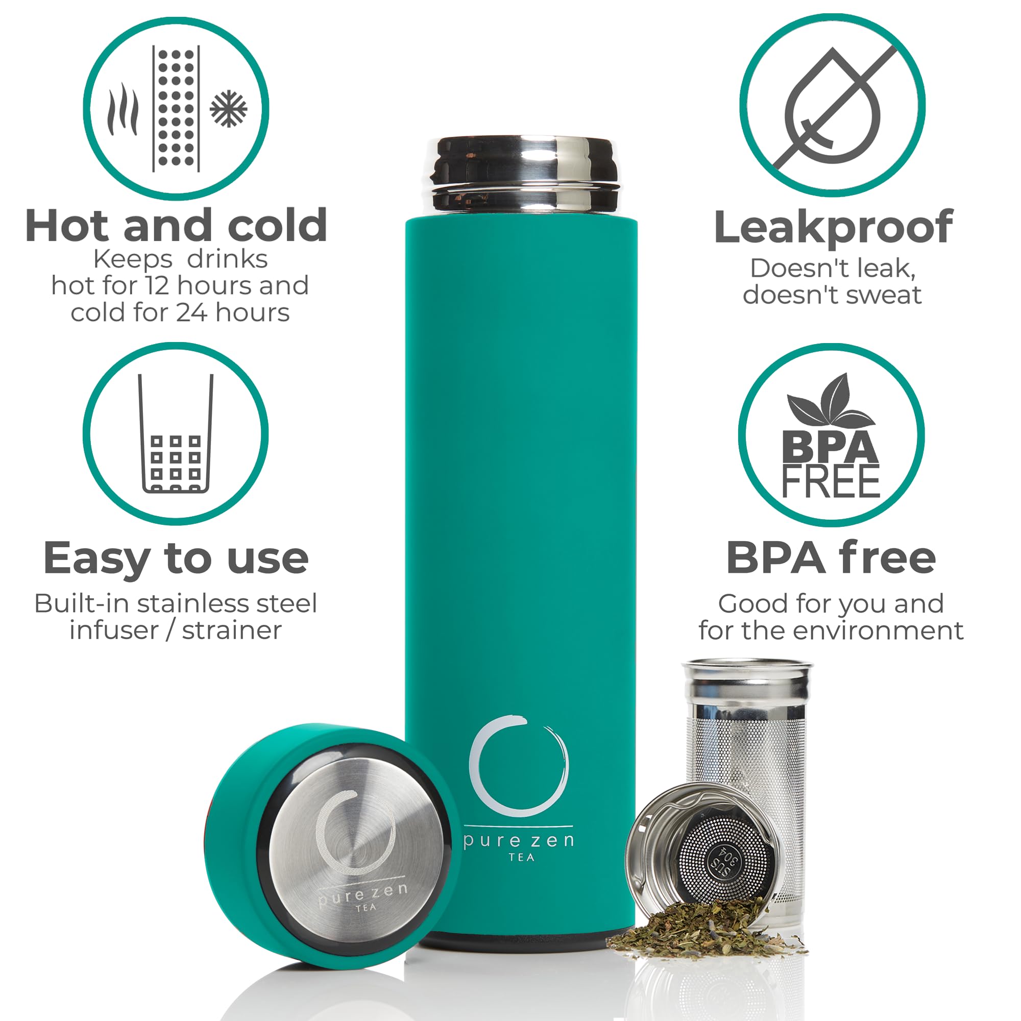 Pure Zen Tea Thermos With Infuser For Hot And Cold Infusions - Stainless Steel - Tea Infuser Bottle