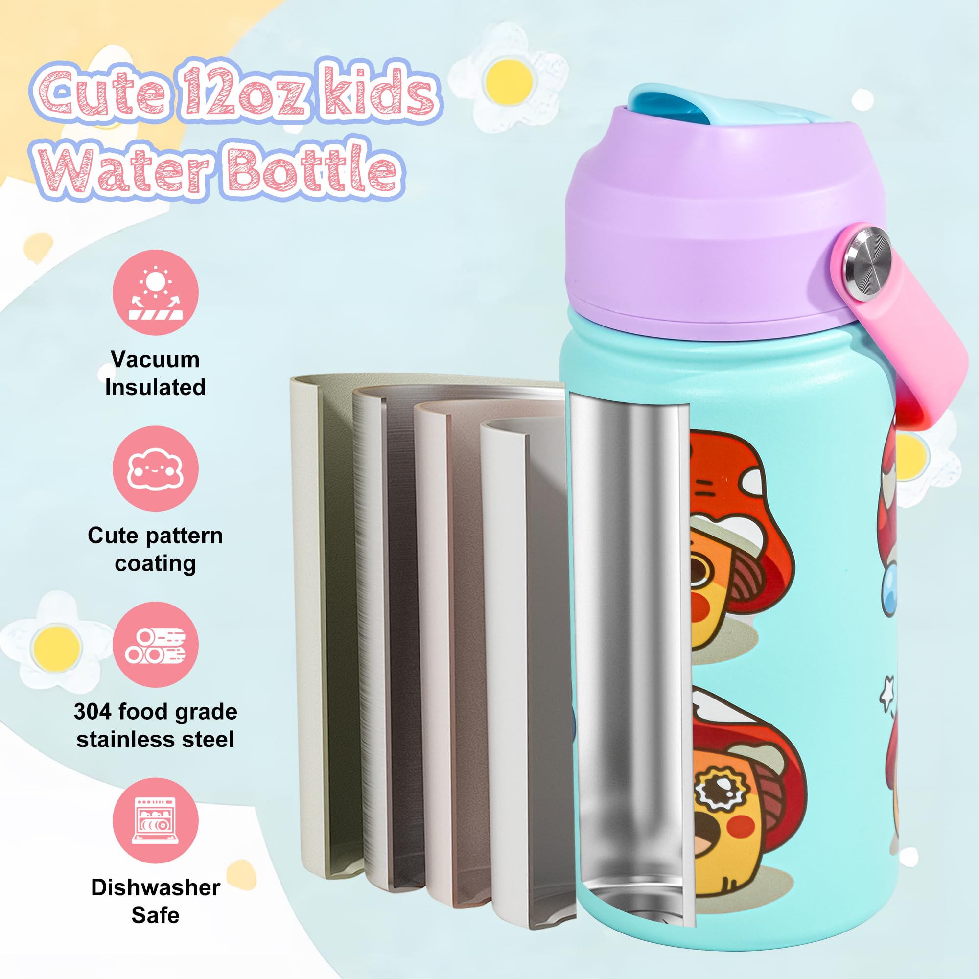 Agh 12Oz Stainless Steel Kids Water Bottle With Straw,Double Wall Vacuum Tumbler For Traveling
