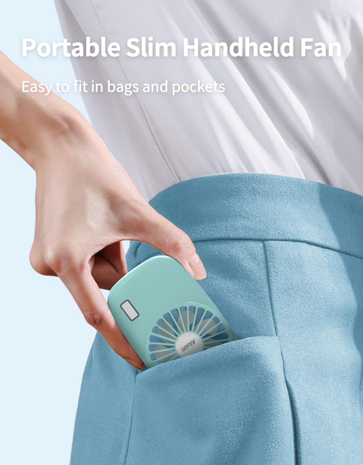 Aluan mini handheld fan, portable, adjustable speed, and USB rechargeable for beauty professionals and personal cooling