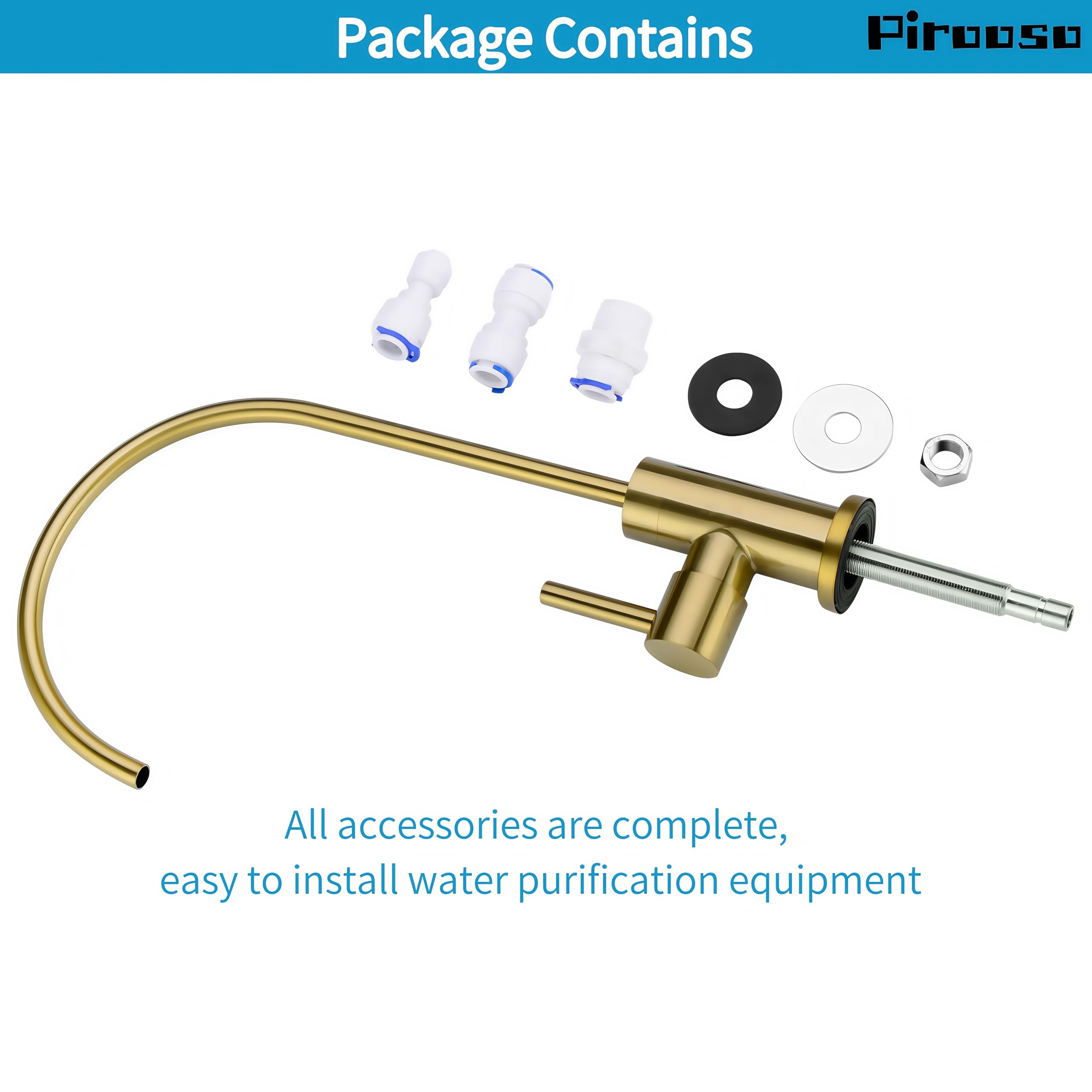 Pirooso Brushed Brass Water Filter Faucet - 360° Swivel Drinking Water Faucet For Kitchen Sinks, Compatible With Most Reverse Osmosis & Under Sink Filtration Systems, Elegant Brushed Gold Finish