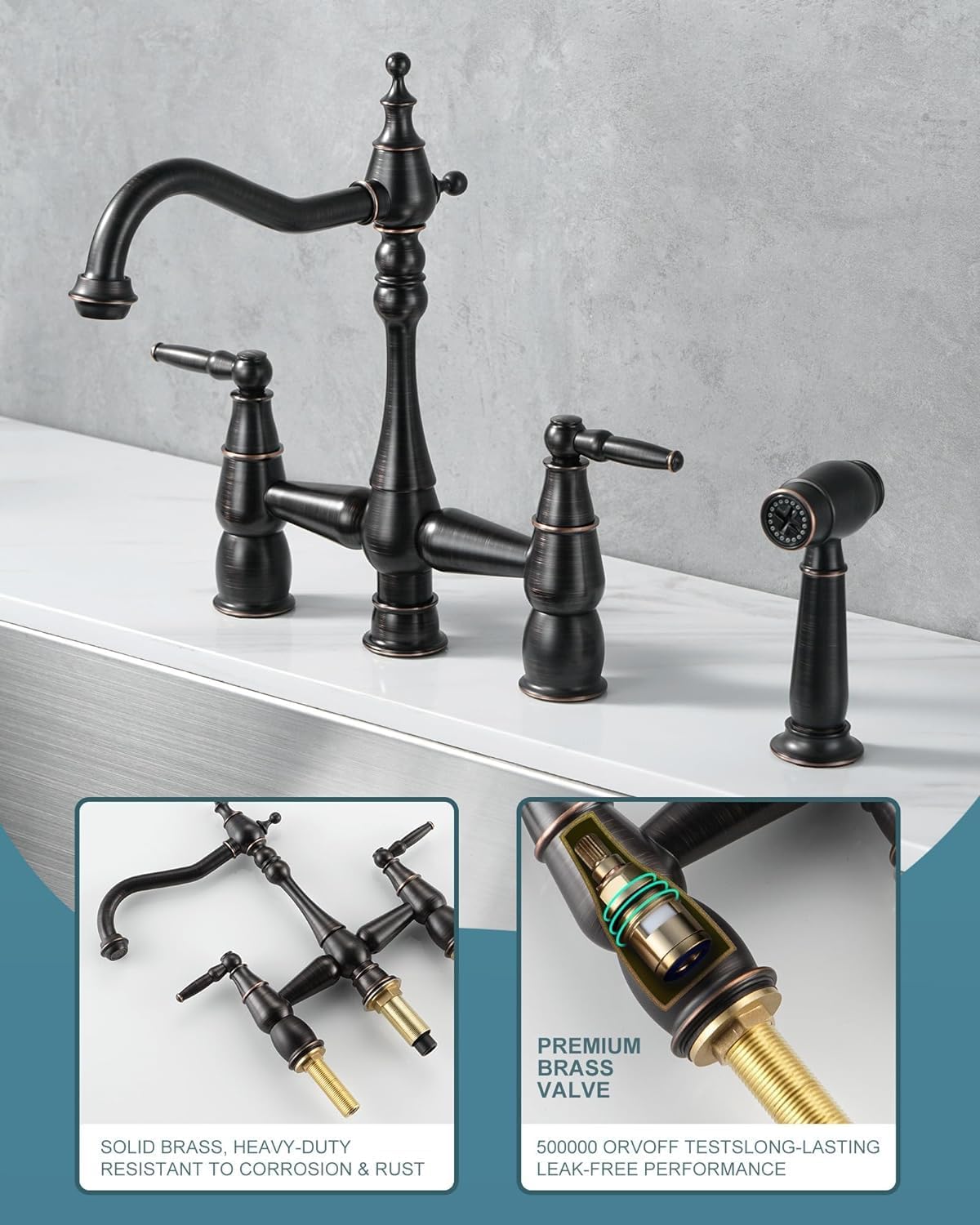 Aleasha Bridge Centerset Kitchen Sink Faucet, Deck Mount Brass Kitchen Faucet With Side Sprayer, 2 Handle 4 Hole 360° Swivel Vintage Farmhouse Copper Faucet, Oil Rubbed Bronze
