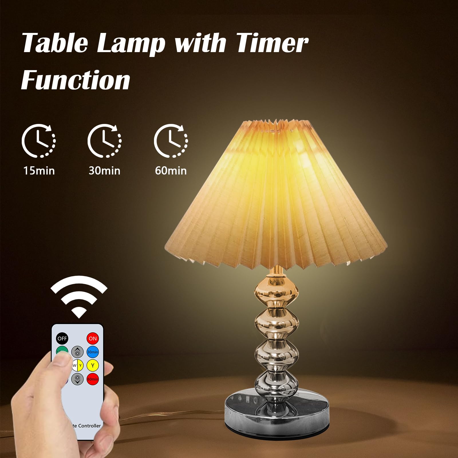 Aoteam Small Pleated Table Lamp, Modern Metal Base Nightstand Lamp With Beige Fabric Shade, Ideal For Bedroom, Living Room, Kids Room, And Study, A Cute Accent Lamp For Cozy Lighting (Silver)