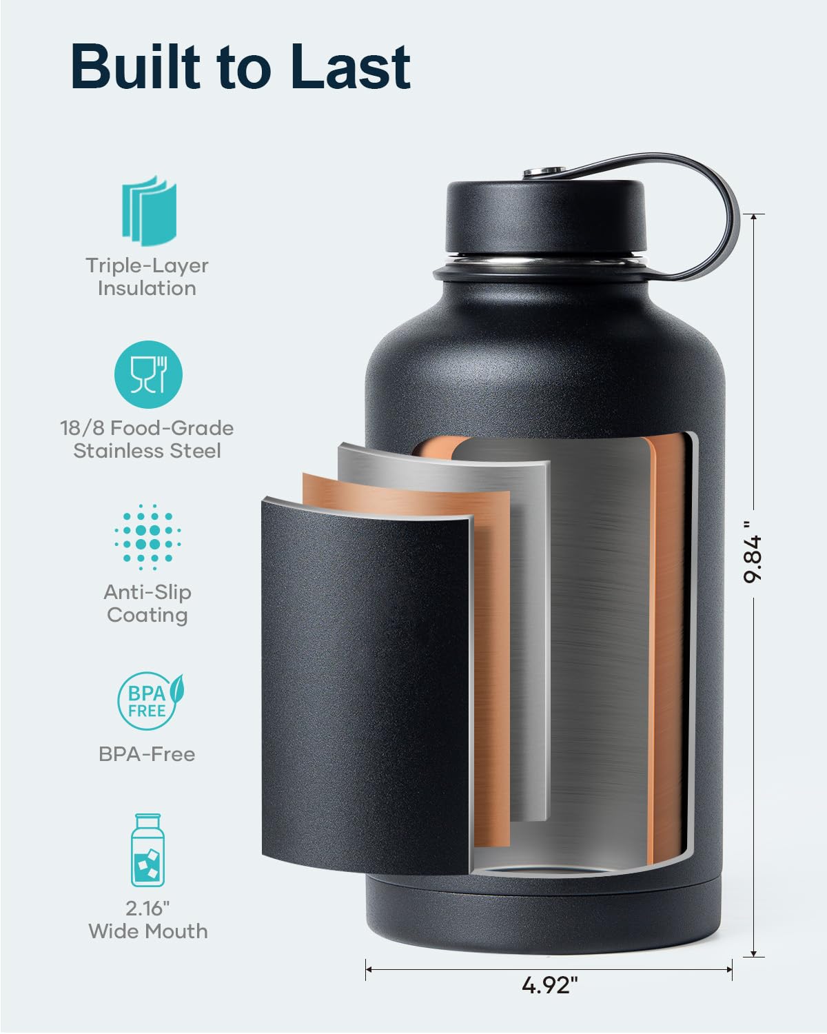 Buzio Vacuum Insulated Stainless Steel Water Bottle 64Oz (Cold For 48 Hrs/Hot For 24 Hrs)