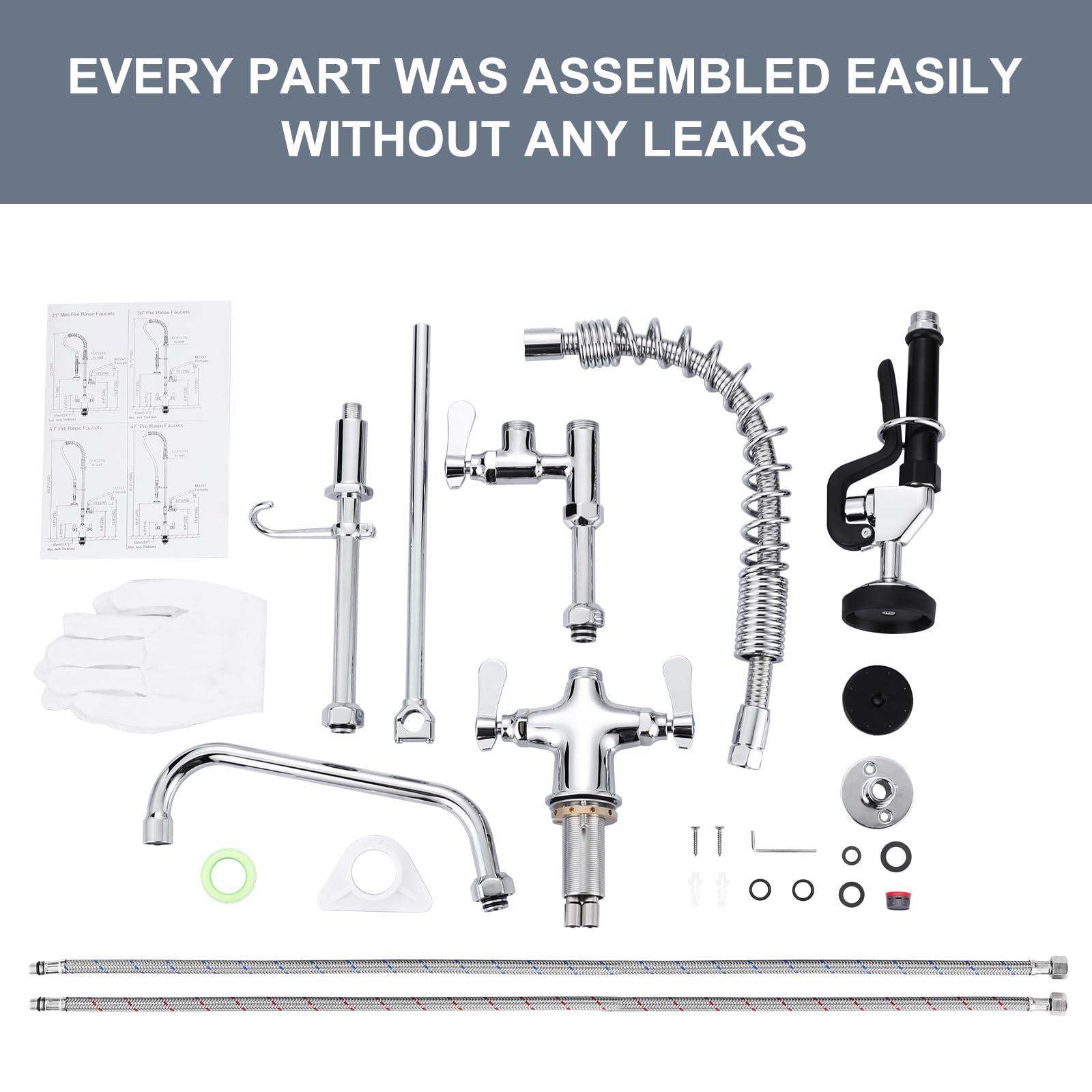 Iviga Single Hole 27" Height Commercial Kitchen Faucet Deck Mount With Pre-Rinse Sprayer, Commercial Sink Faucet With 10" Add-On Swing Spout & Spring Pull Down Sprayer For Restaurant Hotel