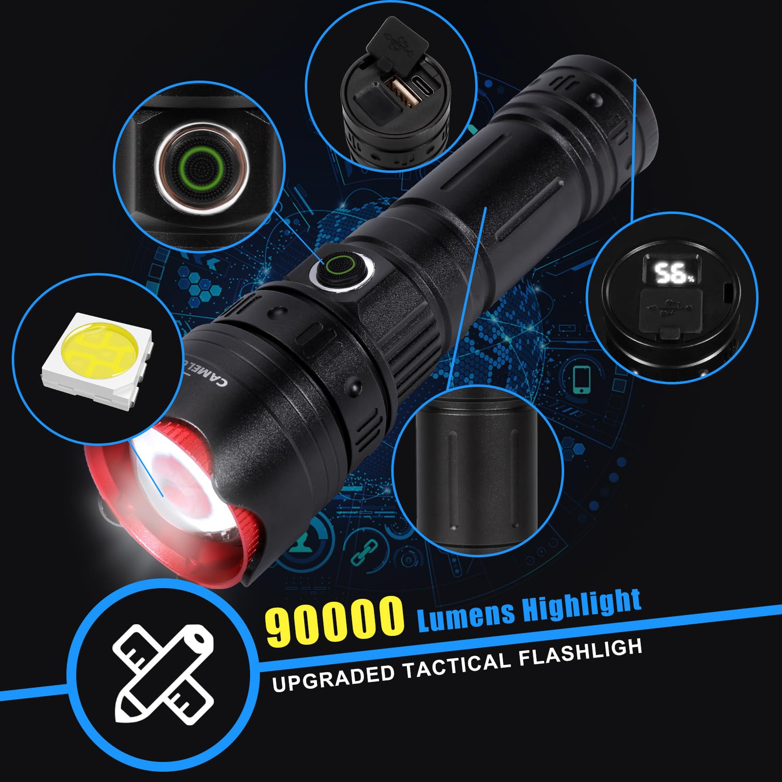 Camel Crown Rechargeable Flashlights High Lumens 90000 Lumen Led Flashlights With 5 Modes Ipx7 Waterproof Zoomable Tactical High Powered Flash Light For Home Outdoor