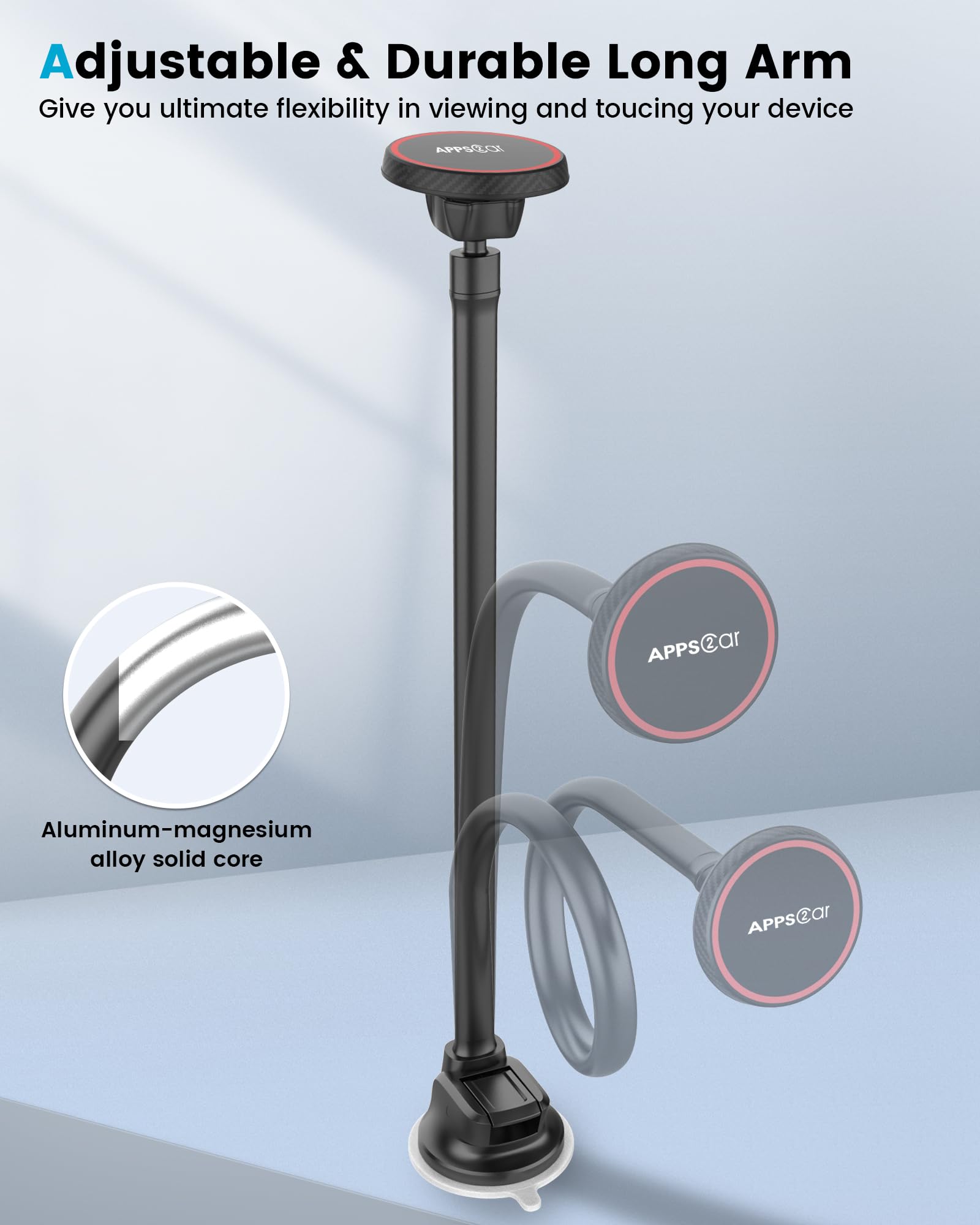 Apps2Car For Magsafe Car Mount Magnetic Phone Holder  13-Inch Long Arm Suction Cup Windshield Mount Fits Iphone 16 Pro Max Plus 15 14 13 12 Mini