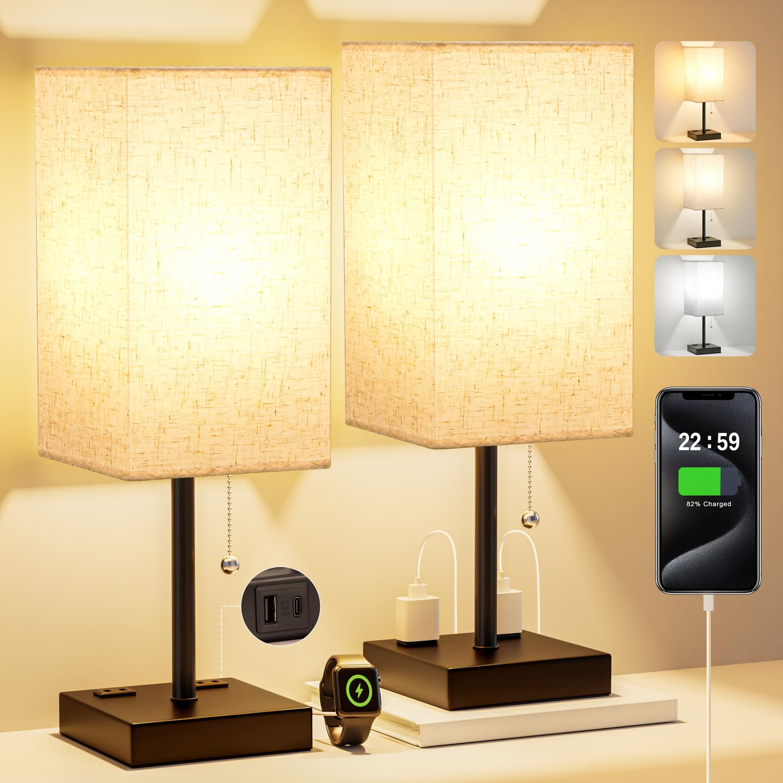 Fenmzee Table Lamps For Bedroom Set Of 2 Nightstand - 17.4In Tall, 3 Color Bedside Lamps With Ac Outlets And Usb A & C For Charging, Square Night Stand Light Lamp, End Table Lamp For Living Room/Dorm/Office