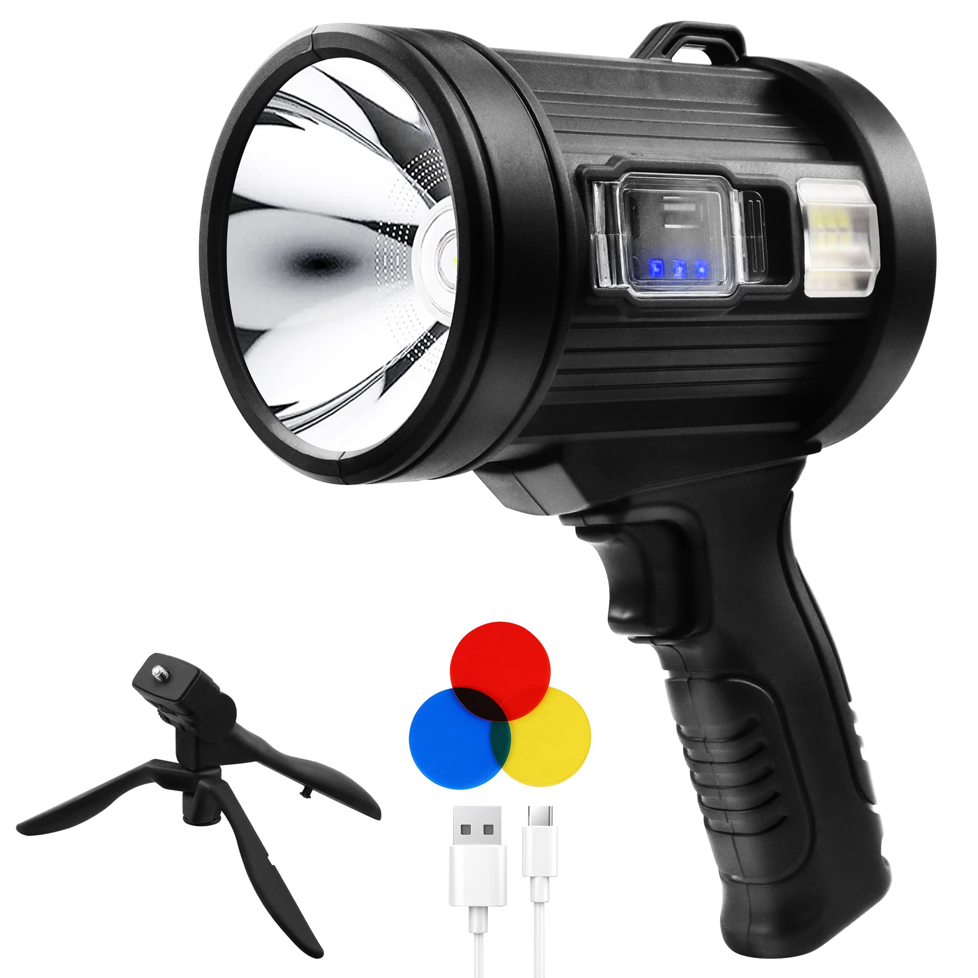 Buthsku Rechargeable Flashlight, 90000 Lumens Handheld Flashlight With Cob Light, 4 Color 6 Modes Portable Led Flashlight For Hunting Boating Camping