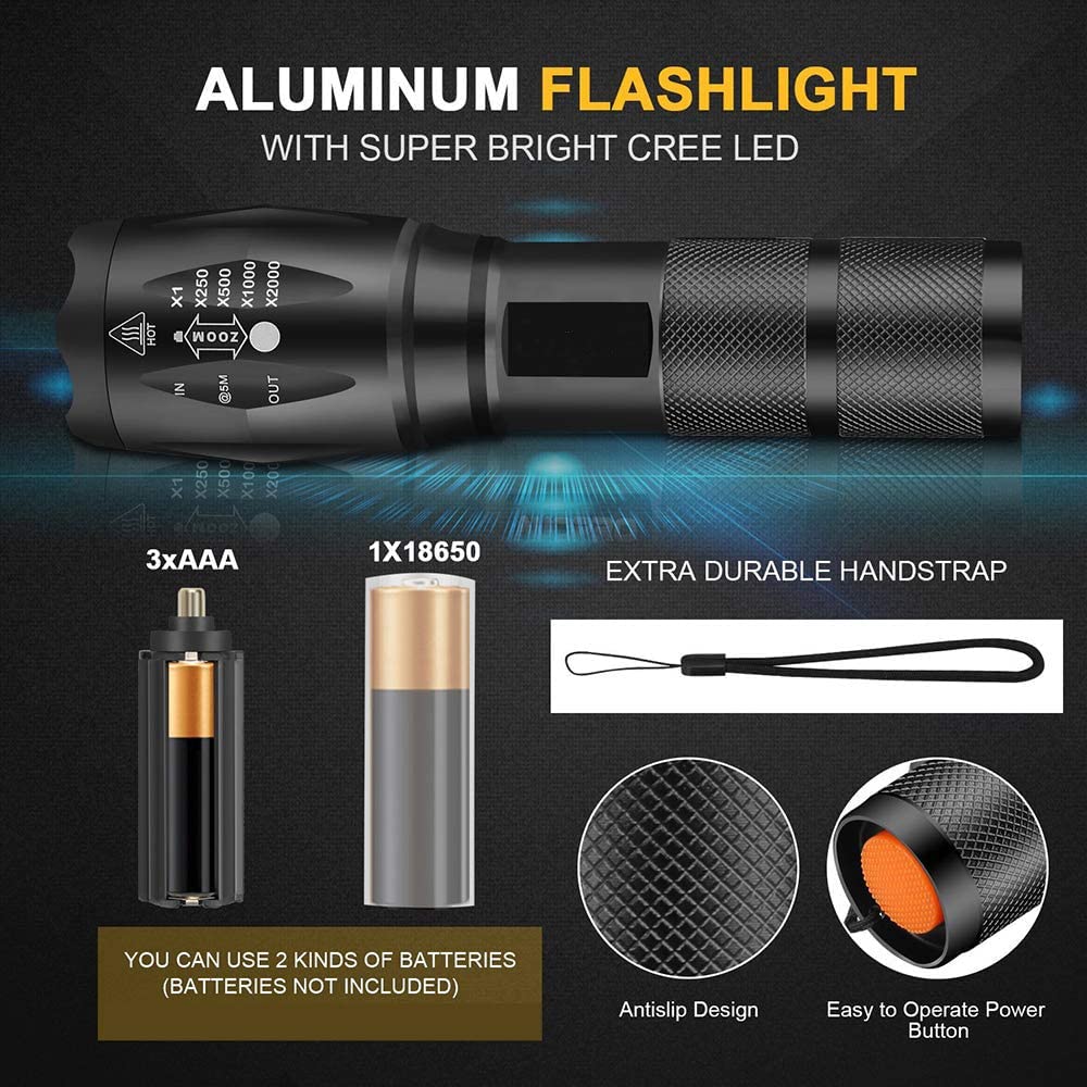 Modoao Ultra-Bright Flashlights, 2000 Lumens Xml-T6 Led Utility Flashlight, Zoomable Adjustable Focus, Ip65 Water-Resistant, Portable, 5 Light Modes For Indoor And Outdoor,Camping,Emergency,Hiking (1 Pack)