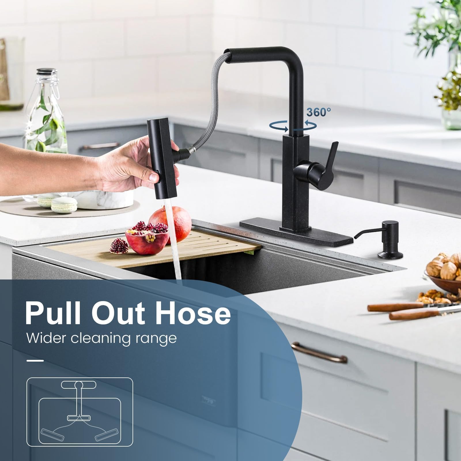 Aleasha Kitchen Faucet With Pull Down Sprayer: Waterfall Kitchen Faucet With Soap Dispenser, Matte Black Single Hole Sink Faucet For Rv/Bar, Single Handle Brass Pull Out Modern Kitchen Faucets