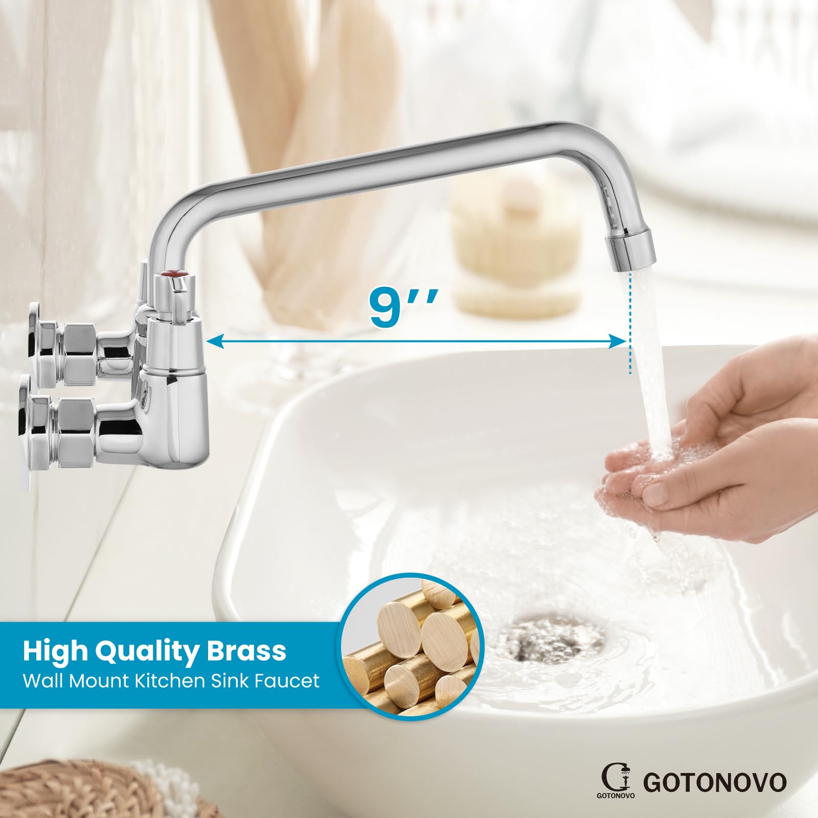 Gotonovo Wall Mounted Kitchen Sink Faucet 8 Inch Center Commercial Kitchen Faucet With 9" 360° Swivel Spout 2 Handles Restaurant Mixer Utility Tap Laundry Faucet Without Adapters, Polish Chrome